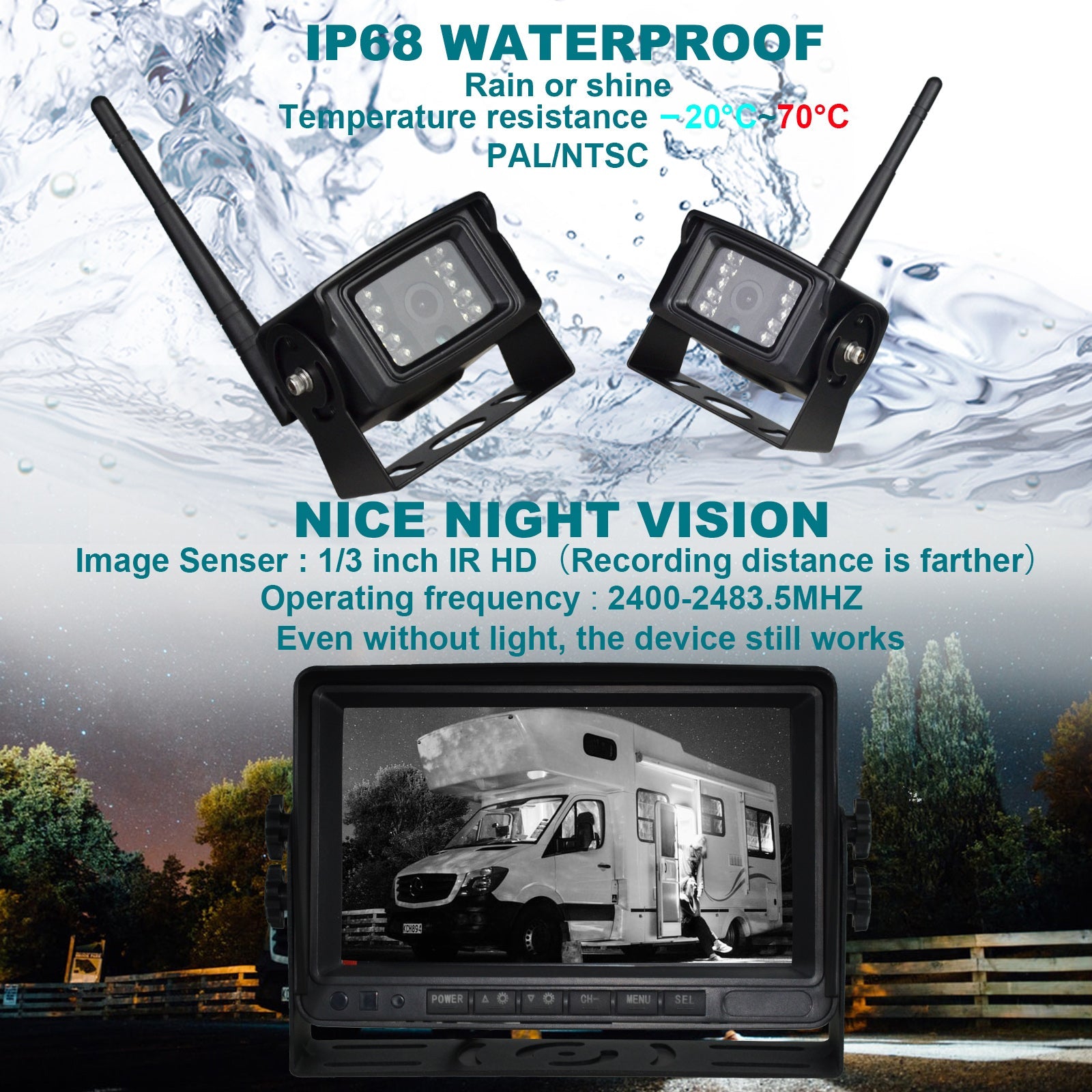 Cámara de inversión inalámbrica de 7 pulgadas para camión de remolque de caravana, pantalla LCD HD 1080p, Kit de 2 cámaras