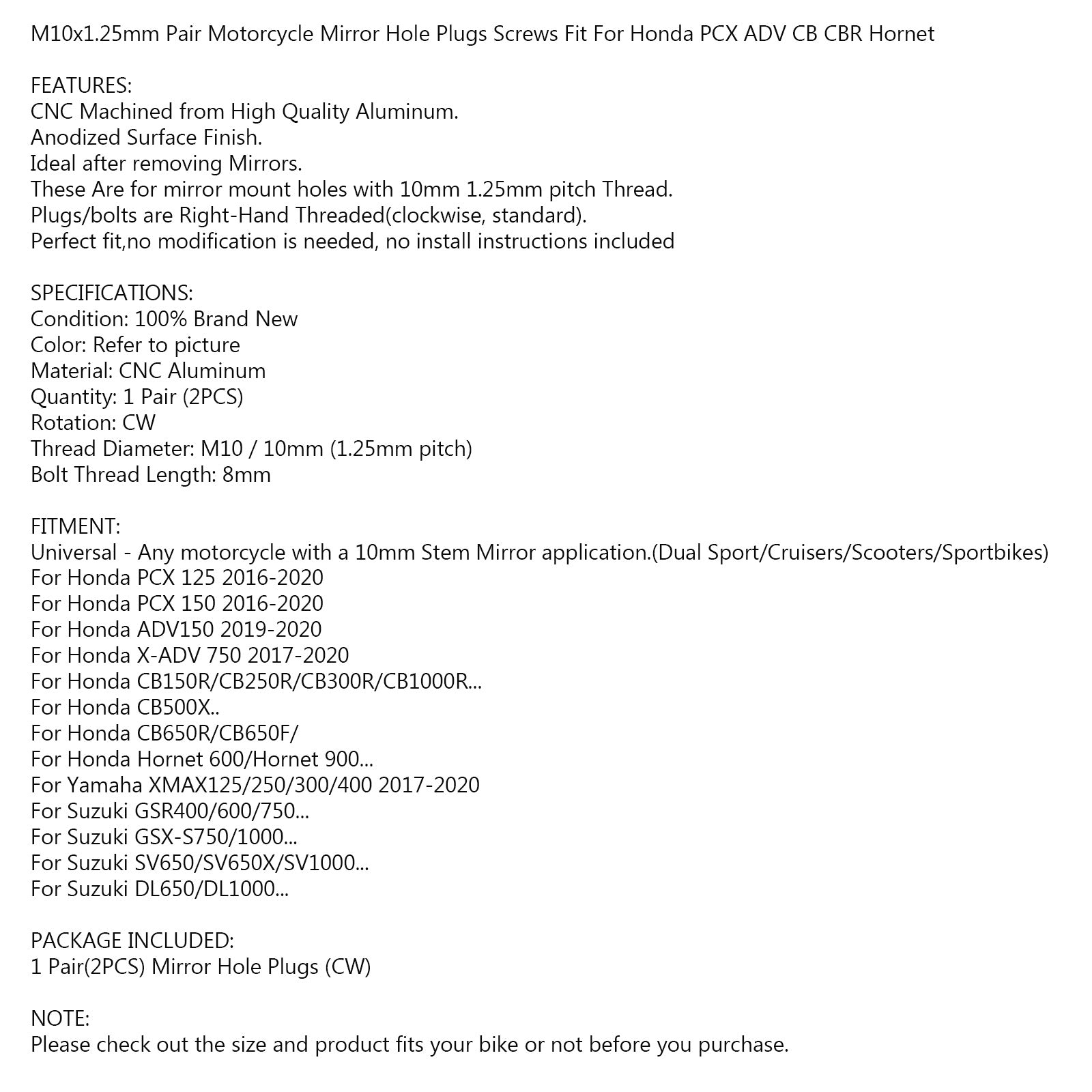 Yamaha MT-09 Tracer 700 Nmax150 TMAX530 M10x1.25 mm Lustro Corks