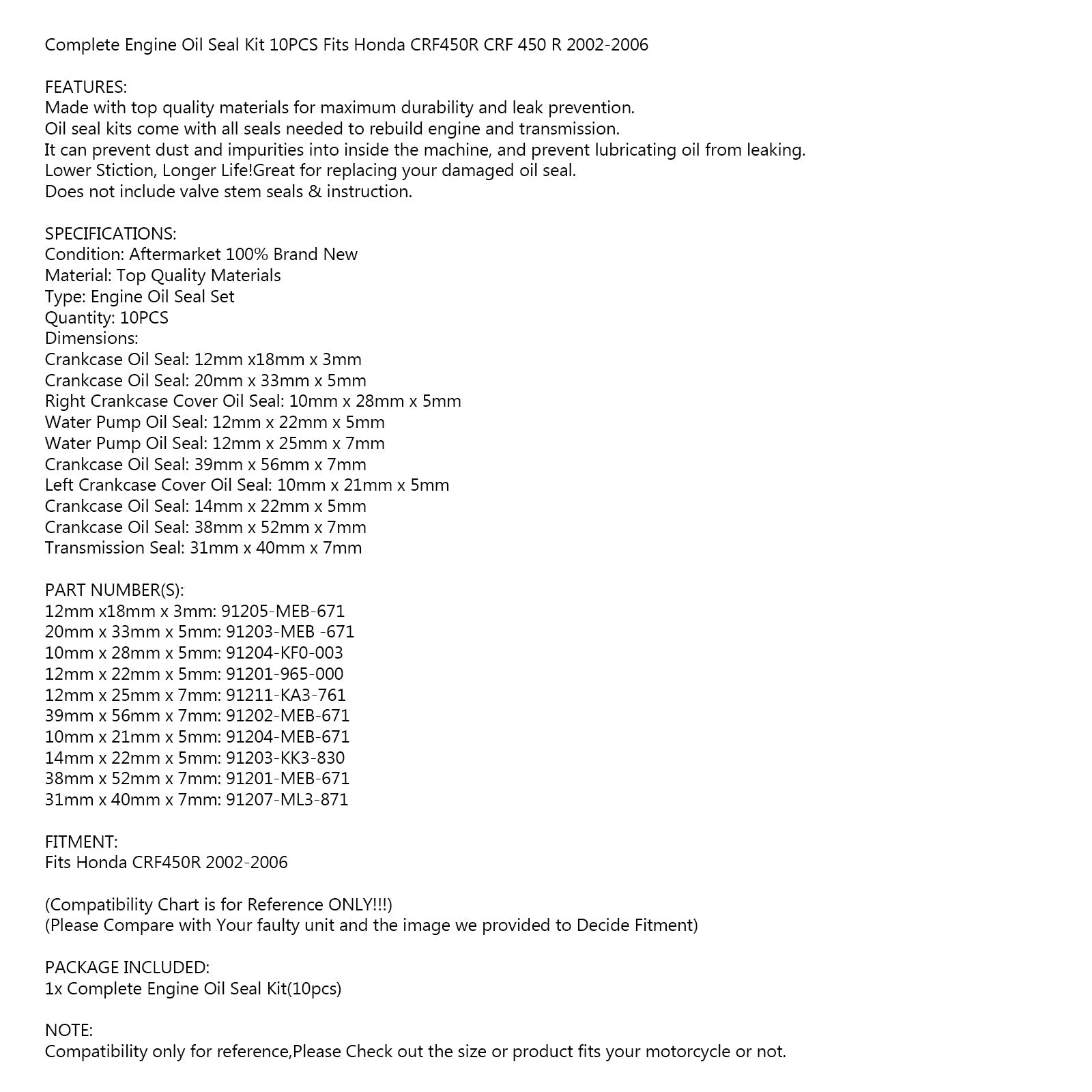 10 sztuk zestaw uszczelek olejowych silnika dla Honda CRF450R CRF 450 2002-2006 2005 2004 2003 Generic