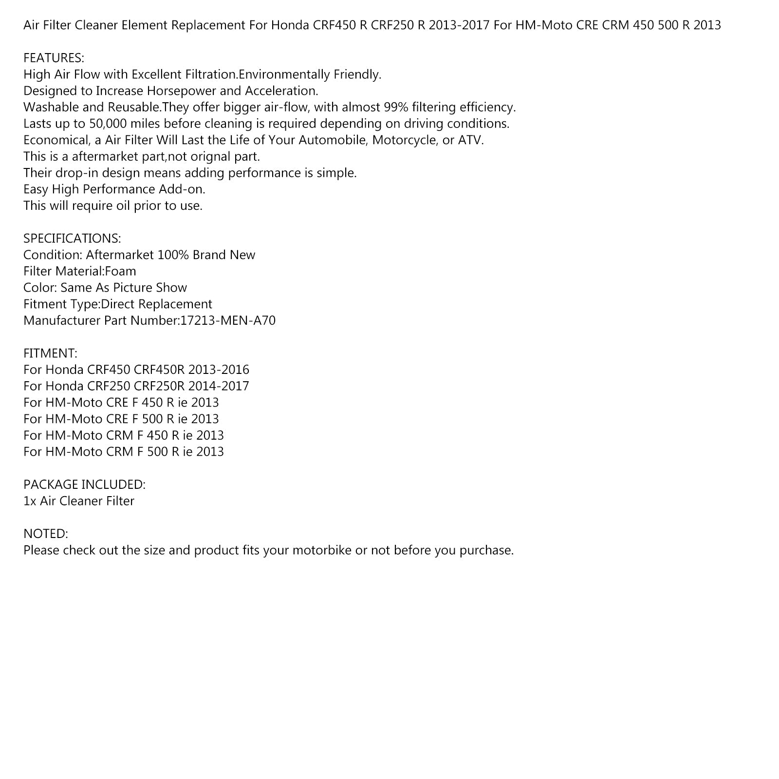 Schuimluchtfilter voor Honda CRF250R 13-16 CRF450R 14-17 Vervang. # 17213-MEN-A70 Generiek