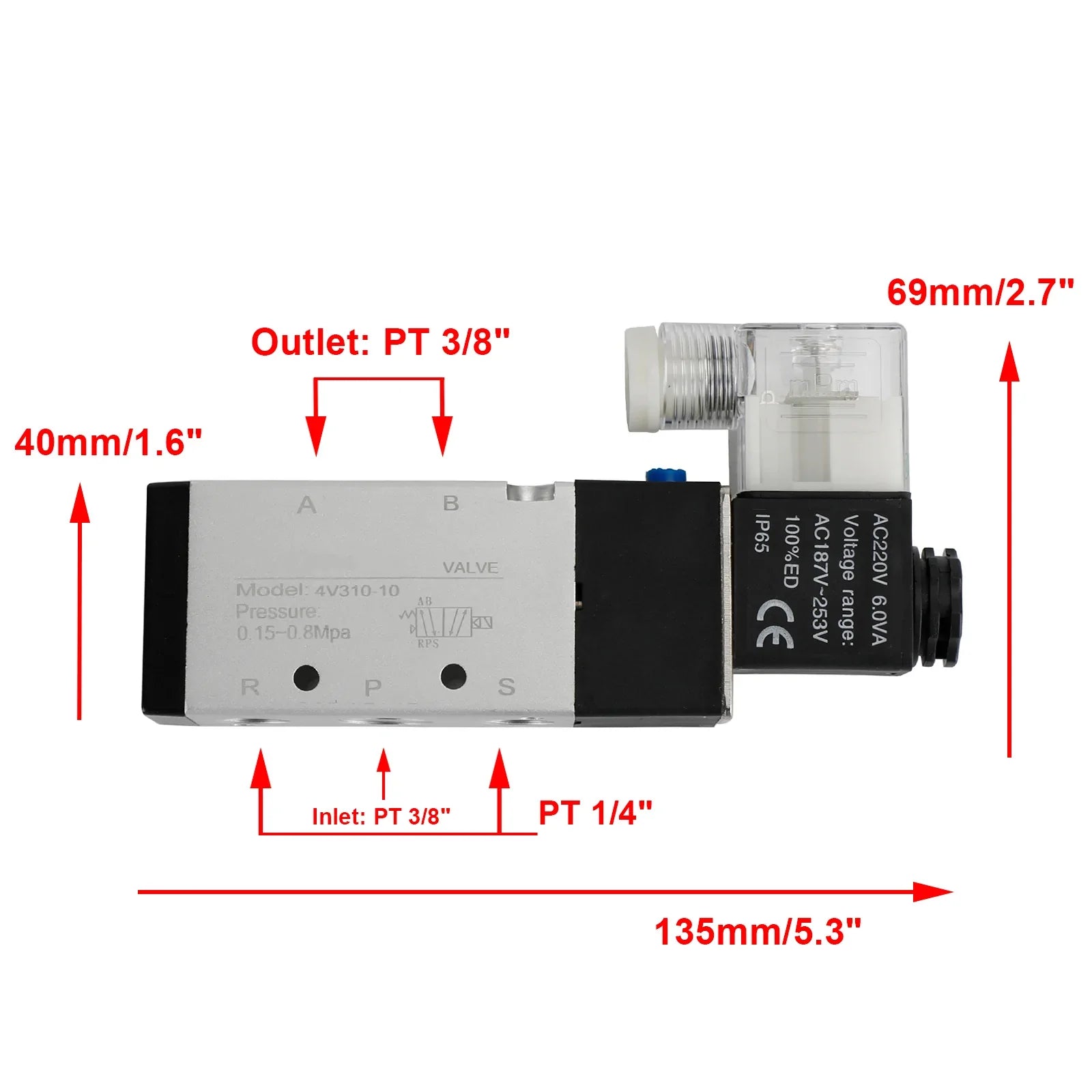 Electrovanne électrique pneumatique 4V310-10 2 positions 5 voies PT 3/8"
