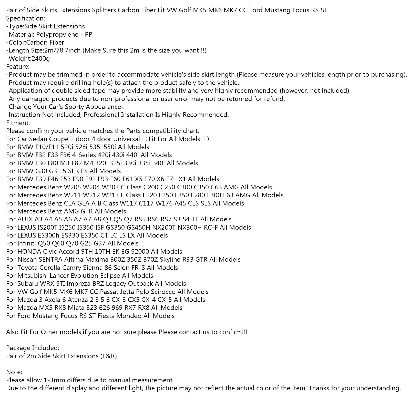 78,7" Universele zijskirtverlengingen Rockerpaneelsplitters Lip Koolstofvezel Algemeen