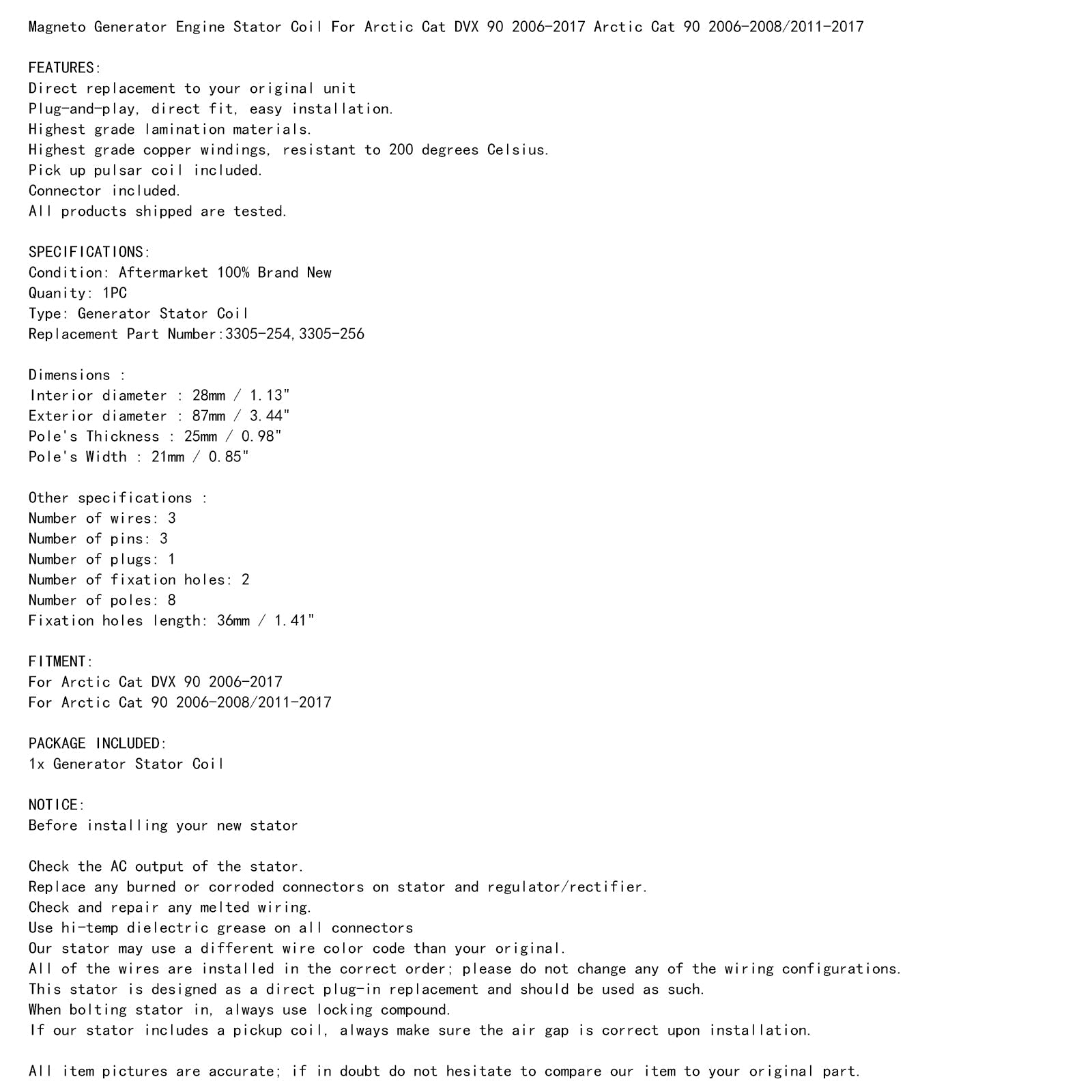 Magneto Staattorin kela Arctic Cat ATV 90 2X4 Dvx 2006-2008/2011-2017 3305-254 Generic