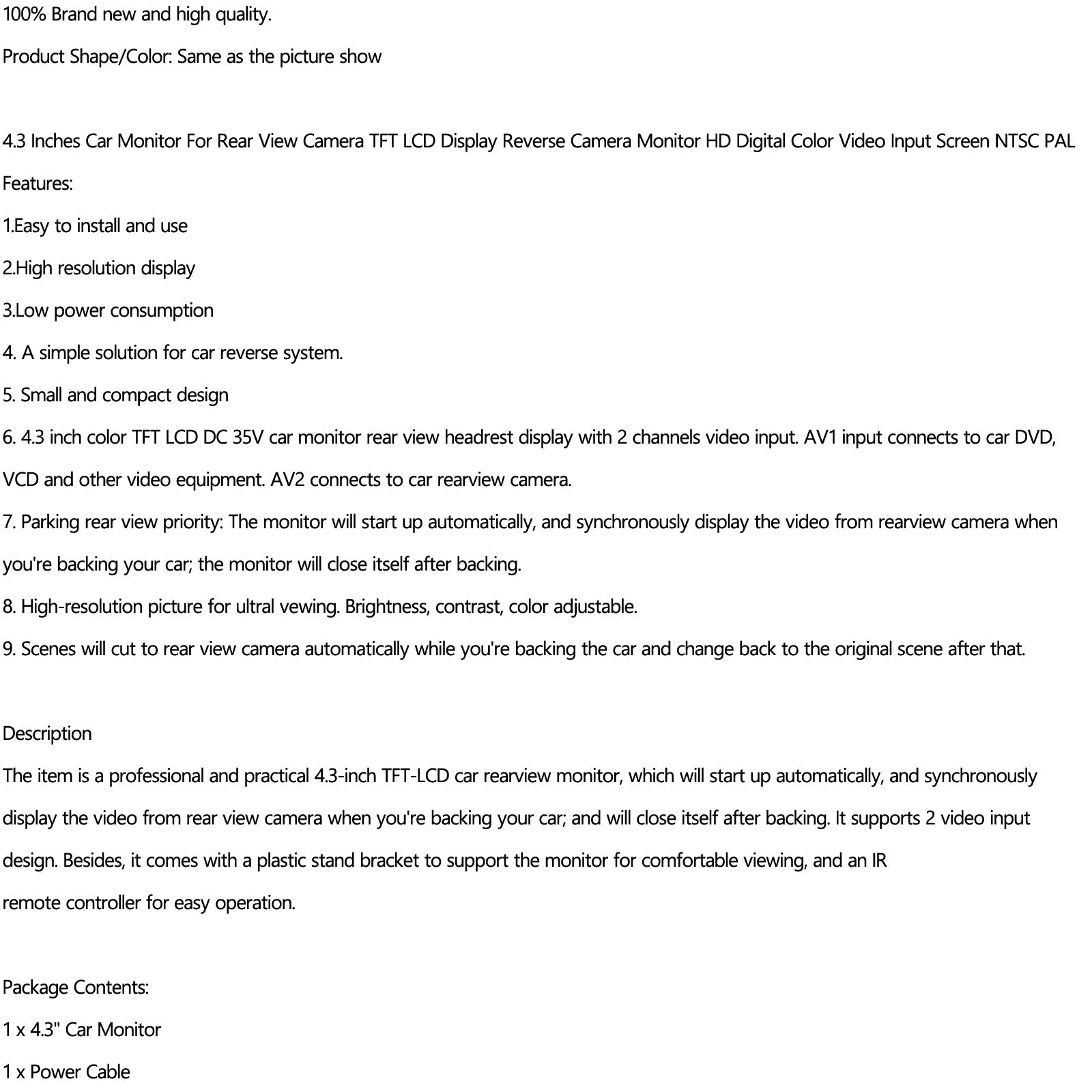 Monitor de visión trasera PAL HD para cámara Monitor de marcha atrás 4,3 "TFT LCD Monitor de coche NTSC