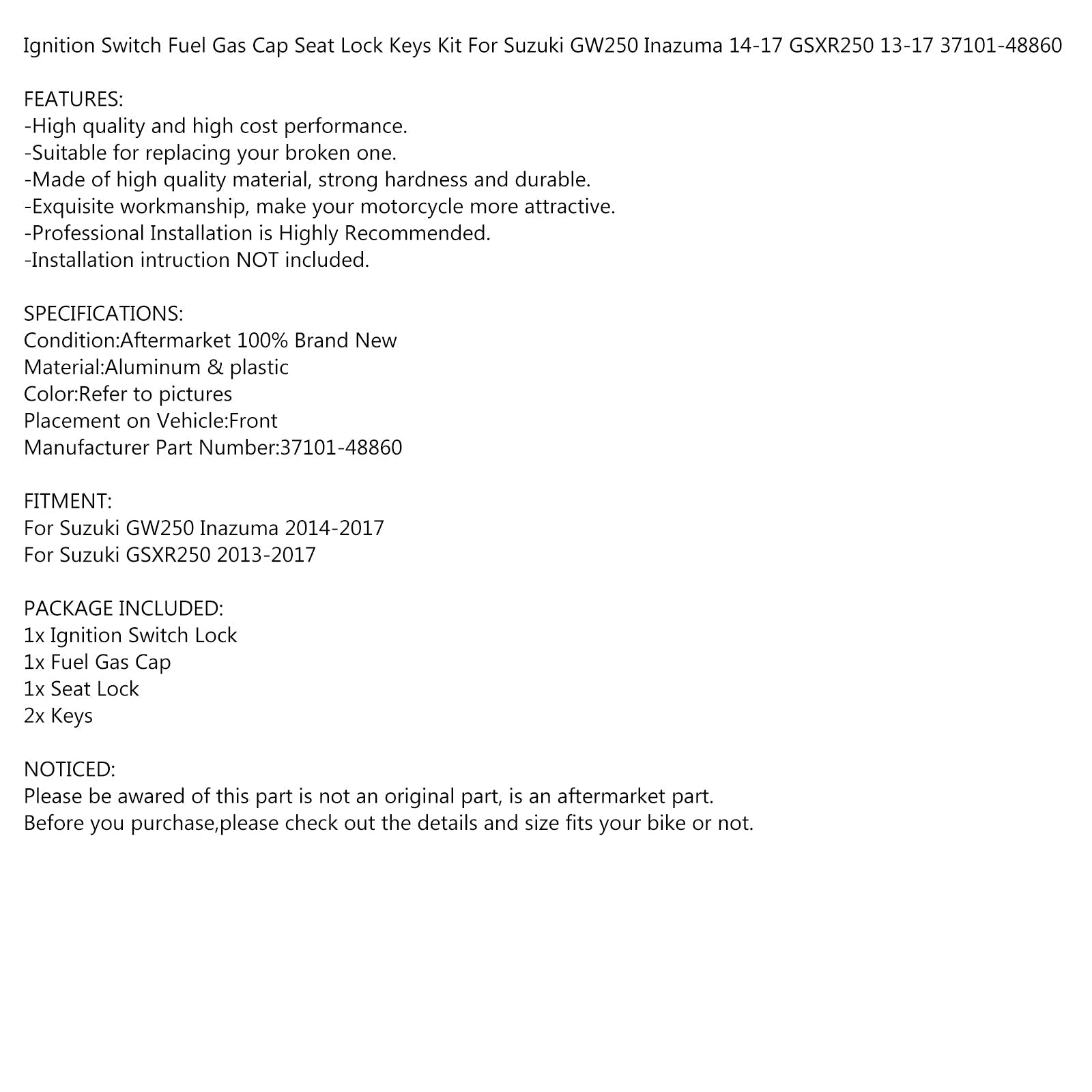 Llaves de bloqueo de tapa de combustible del interruptor de encendido para Suzuki GW250 Inazuma/GSXR 250 13-17 genérico
