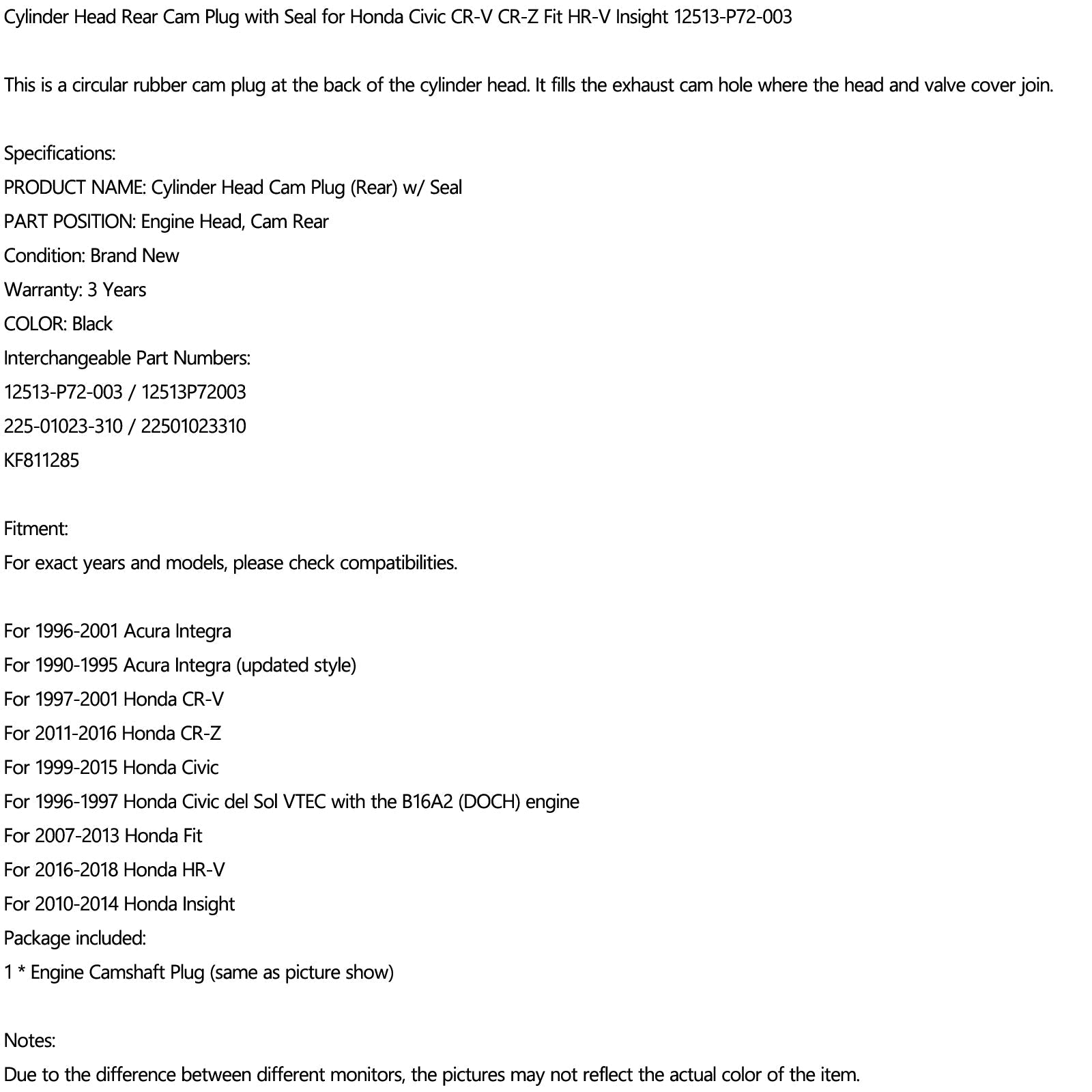 Cilinderkop achternokkap met pakking voor Honda Civic CR-V CR-Z HR-V Insight Generic