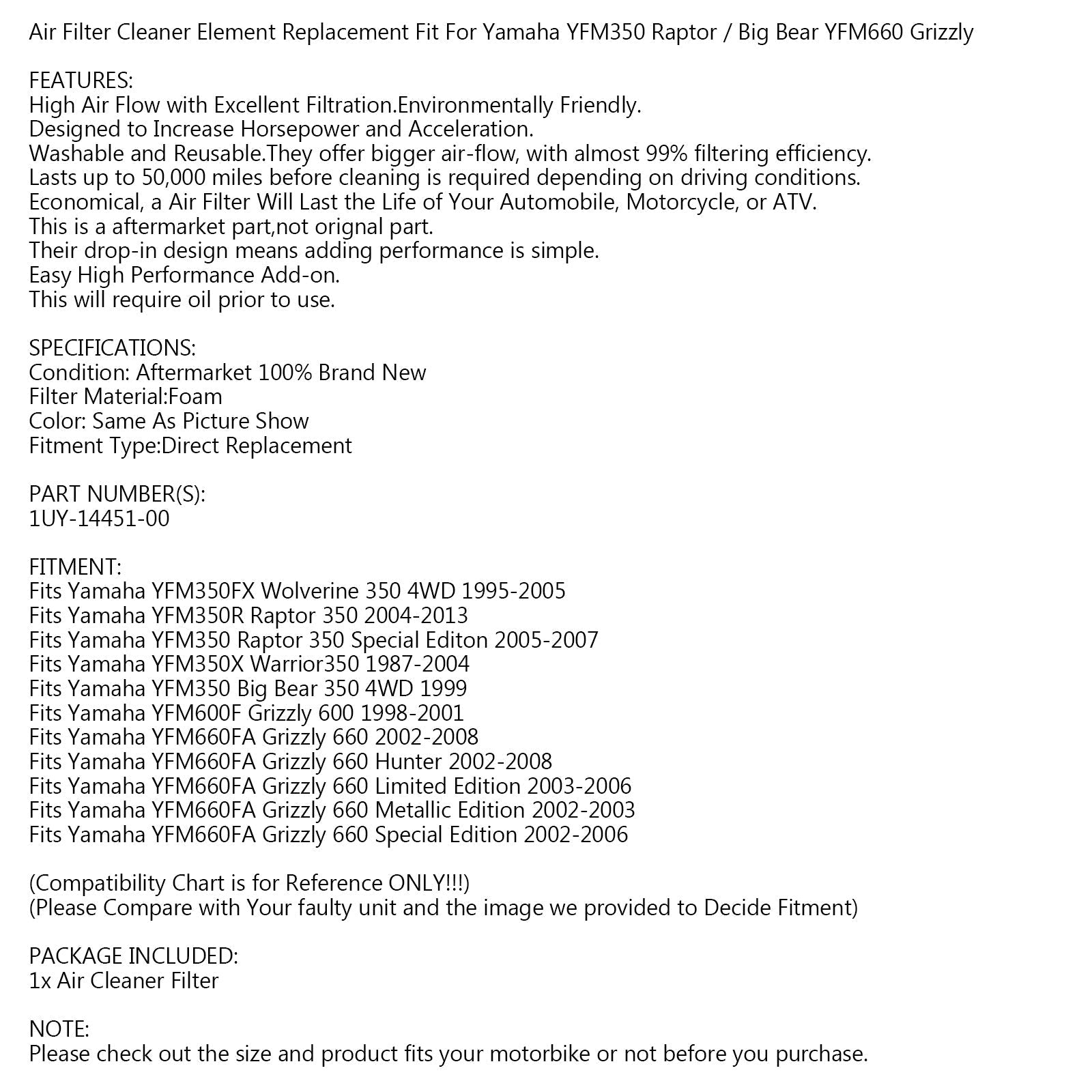Filtre à air pour Yamaha Warrior 350, Wolverine 350 4x4 Raptor 350 87-08 Générique