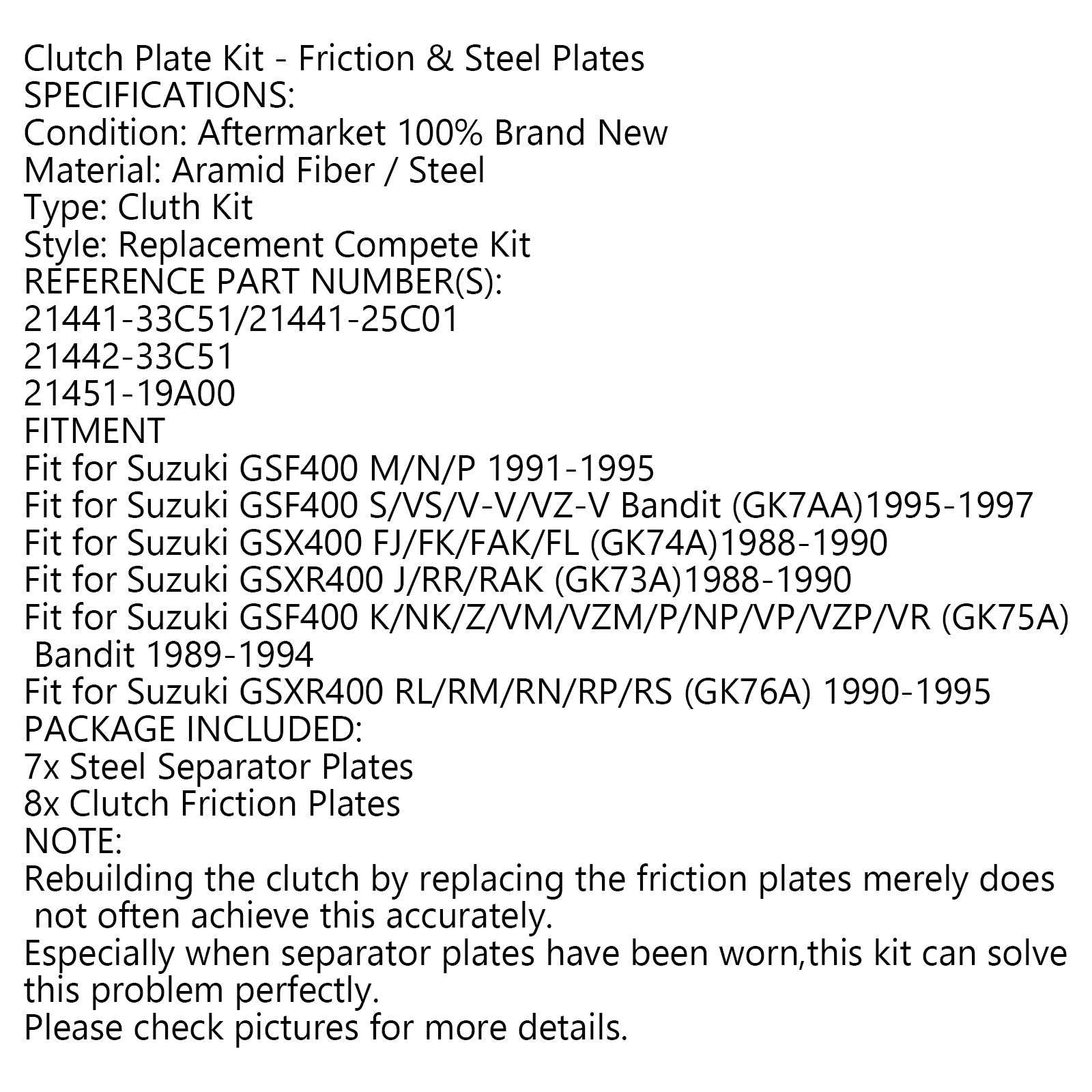 Teräskytkinsarja ja kitkalevyt Suzuki GSF400 M/N/P GSX400 GSXR400 J/RR Genericille