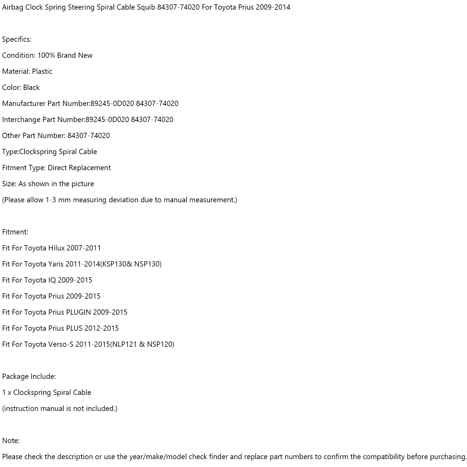 2011-2014 Toyota Yaris (KSP130 & NSP130) Airbag Clock Spring Spiral Cable Squib 84307-74020