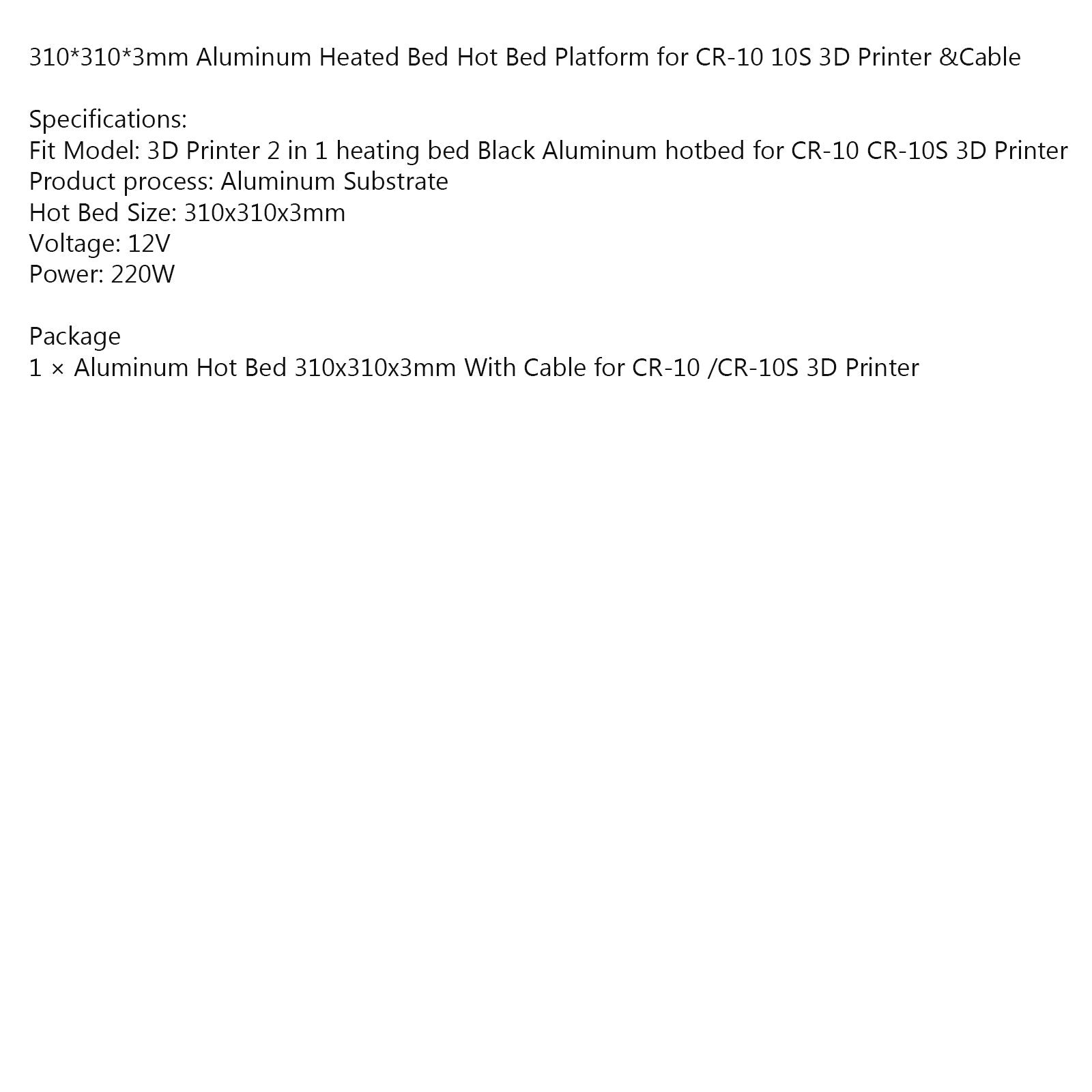 Lit chauffant en aluminium pour imprimante 3D 310x310x3mm 12V avec câble pour Creality CR10 CR10S