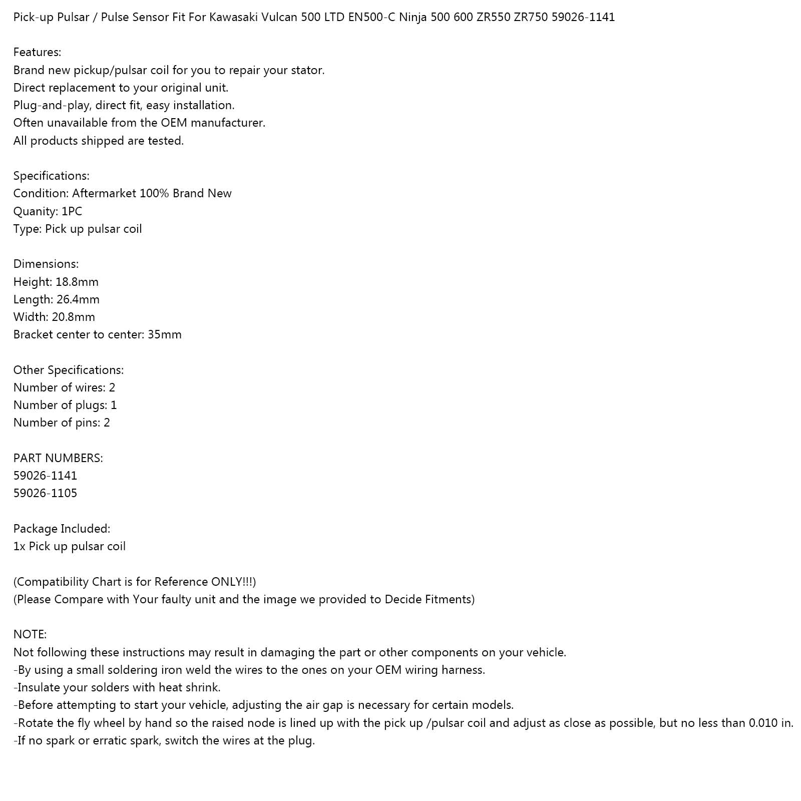 Areyourshop STATOR PULSING COIL Fit voor Kawasaki KLE 400 500 Zephyr ZR550 91-07 59026-1105