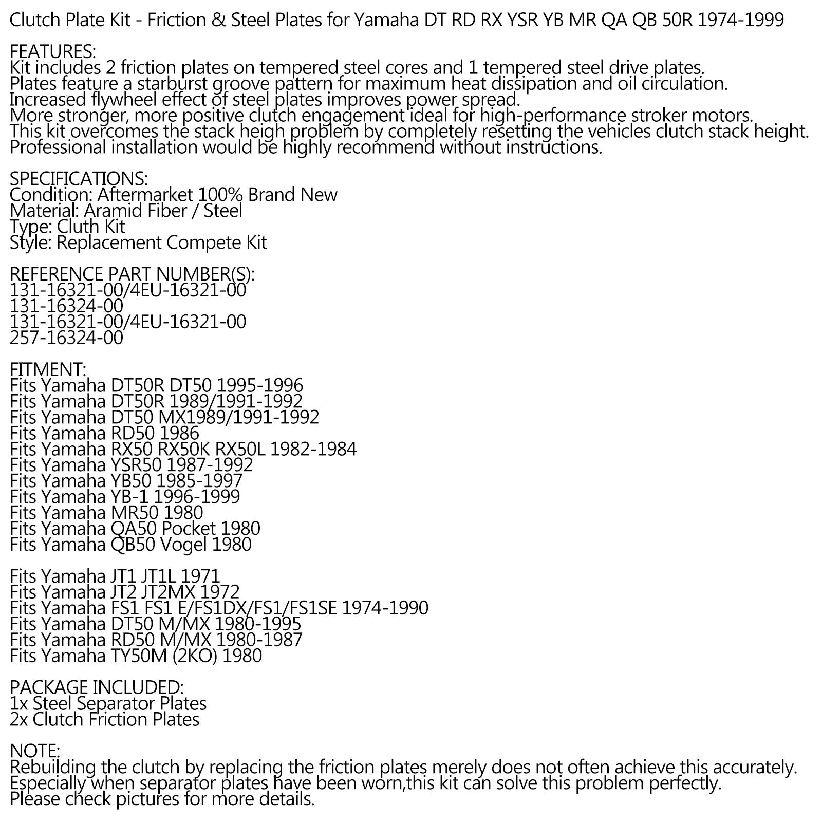 Kit Embrayage Acier & Disques Friction pour Yamaha DT RD RX YSR YB MR QA QB 50R 74-99 Generic