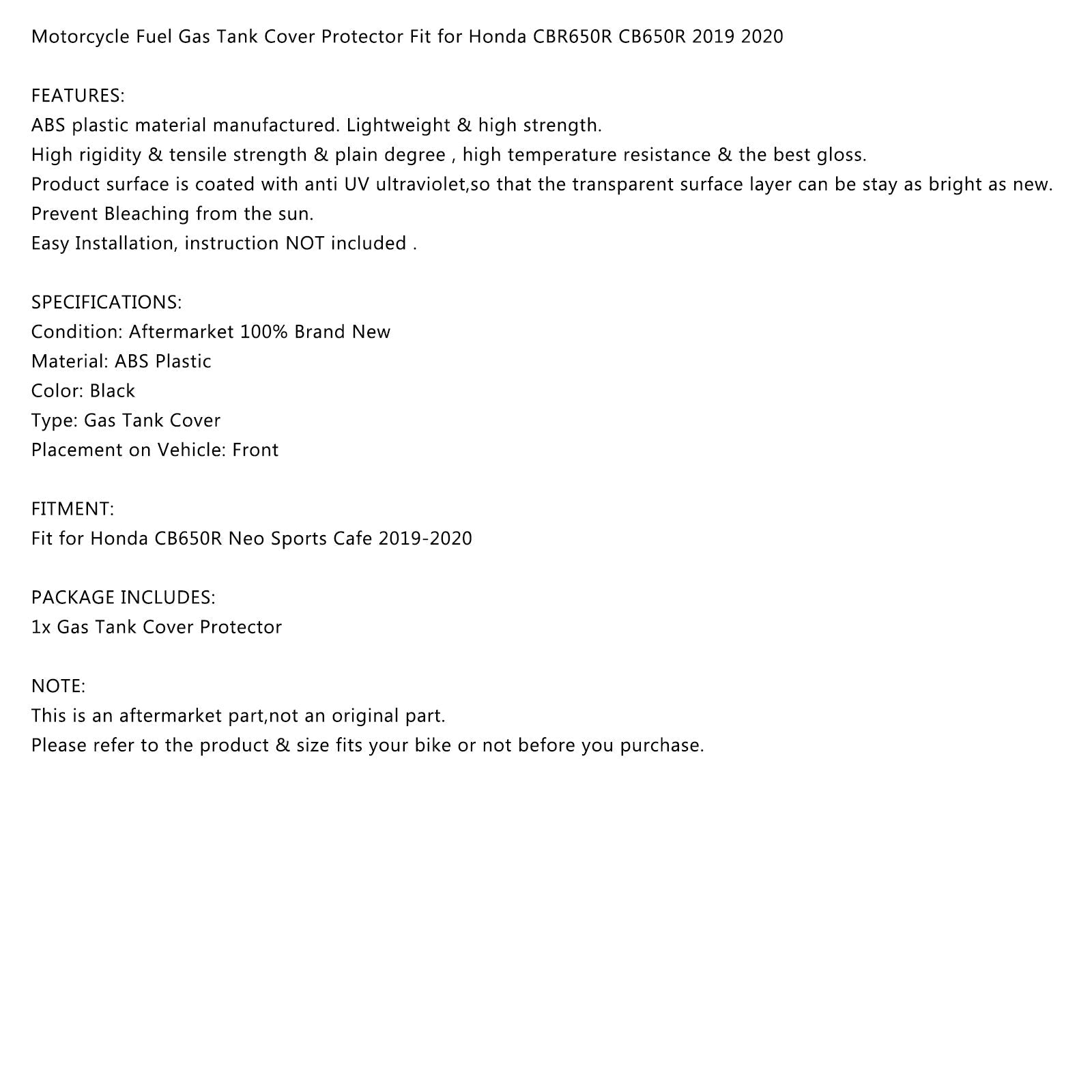 Couvercle de réservoir protecteur de gaz de carburant moto adapté pour Honda CB650R CBR650R 2019 2020 générique