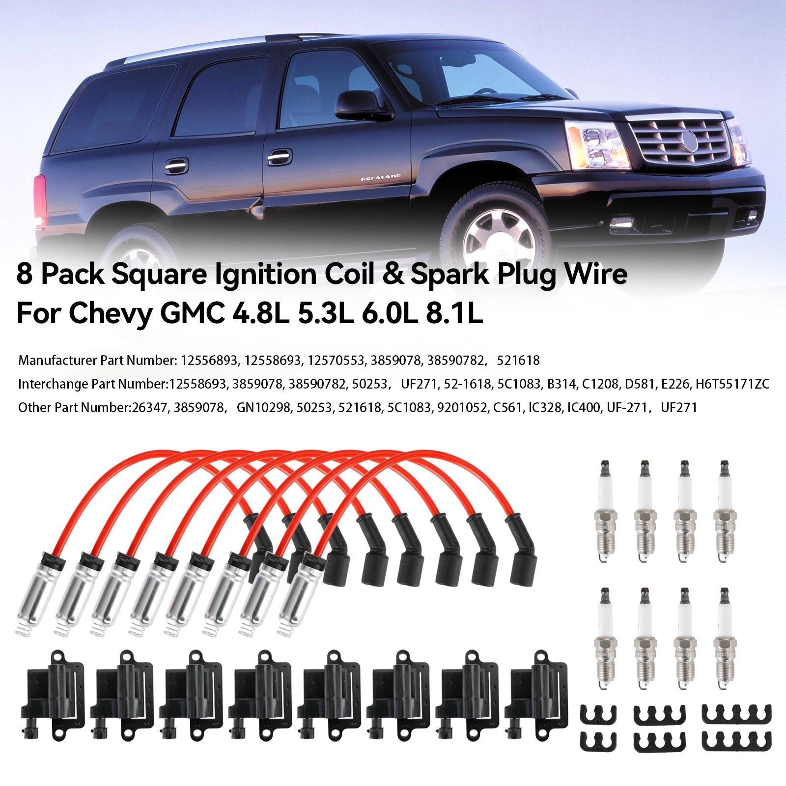 2003-2007 Hummer H2 Set van 8 vierkante bobine en bougiekabel 12556893 12558693 12570553 3859078 38590782 521618