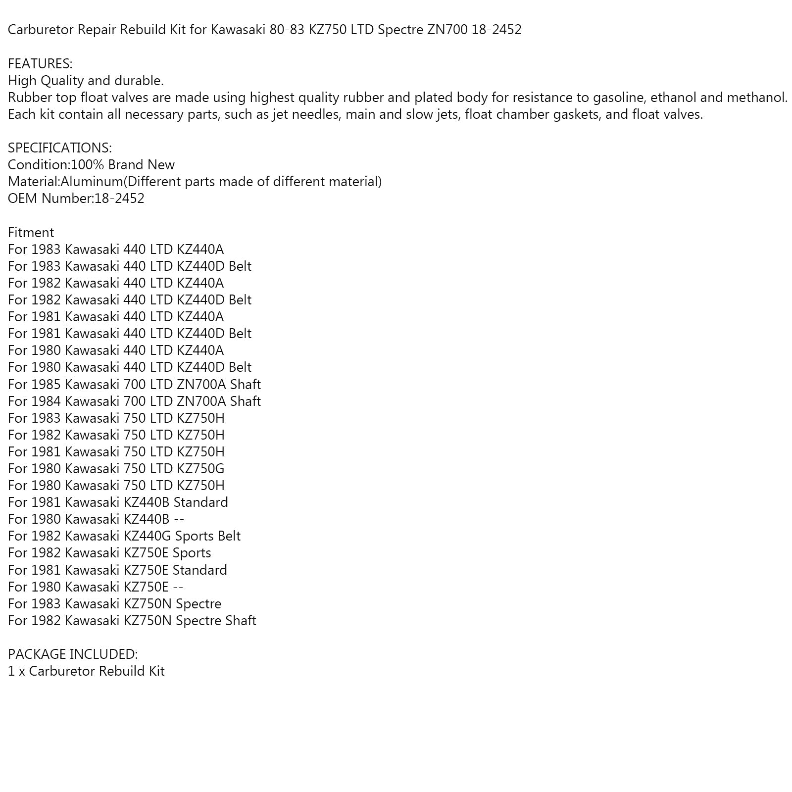 Komplet za obnovi popravil uplinjača za Kawasaki 80-83 KZ750 LTD SPECTER ZN700 18-2452 Generic