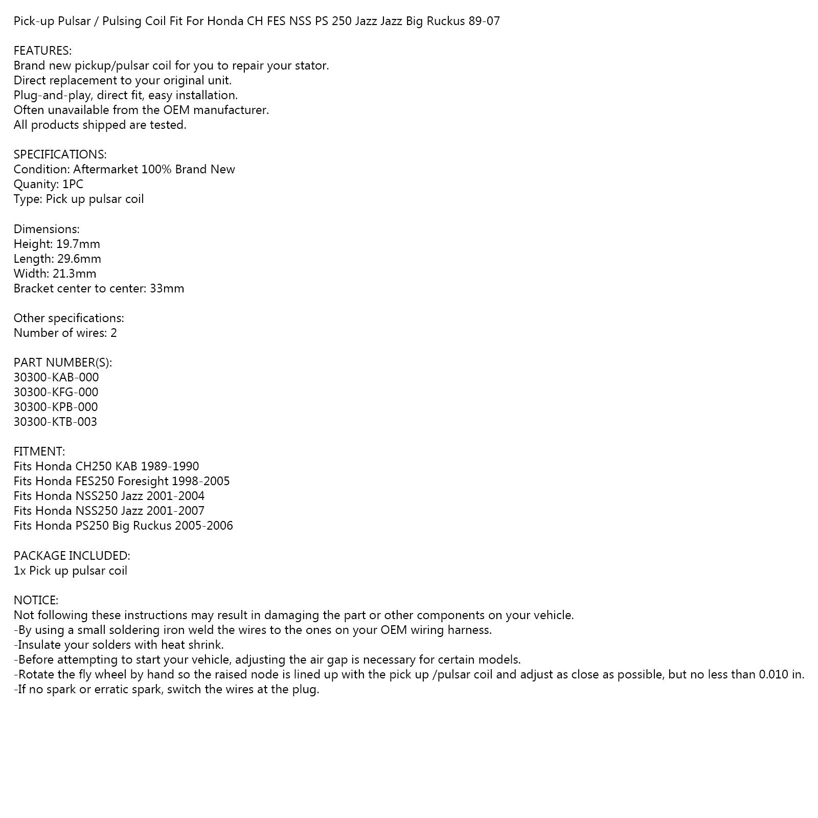 STATOR PULSE SENSOR cewka czujnik dla Honda NSS250 CH250 PS250 FES250 1989-2007