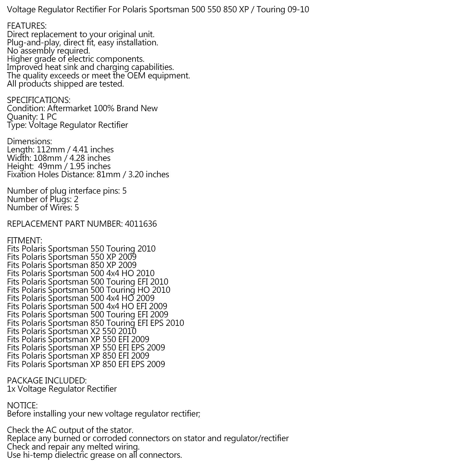 Spanningsregelaar voor Polaris Sportsman XP 550 850 Touring EFI 2009 2010 4011636 Generiek