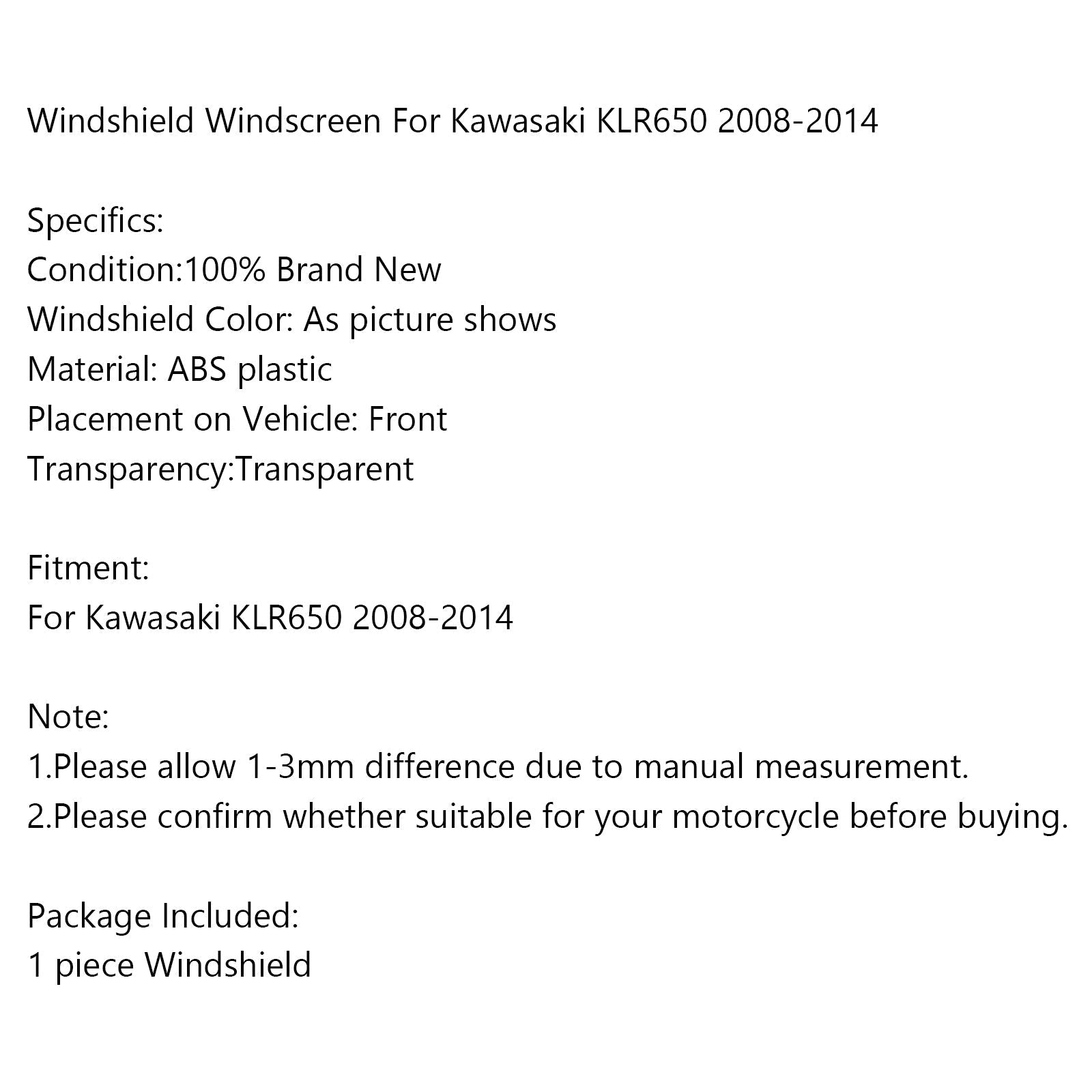 2008-2014 Kawasaki KLR650 1x pare-brise moto court 4mm