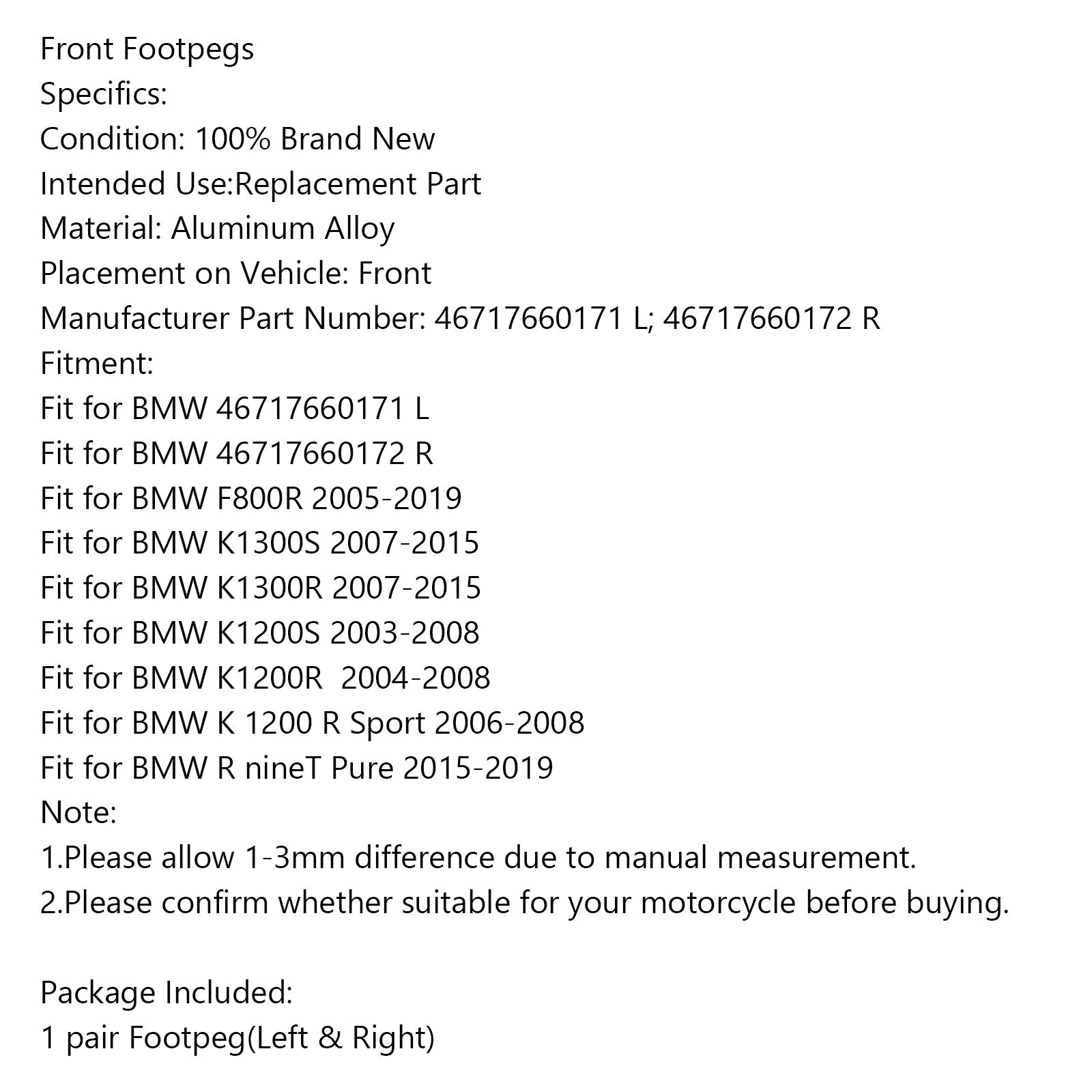 Pedane anteriori Pedane per BMW F800R K1300S K1300R K1200S K1200R R nineT Pure Generic