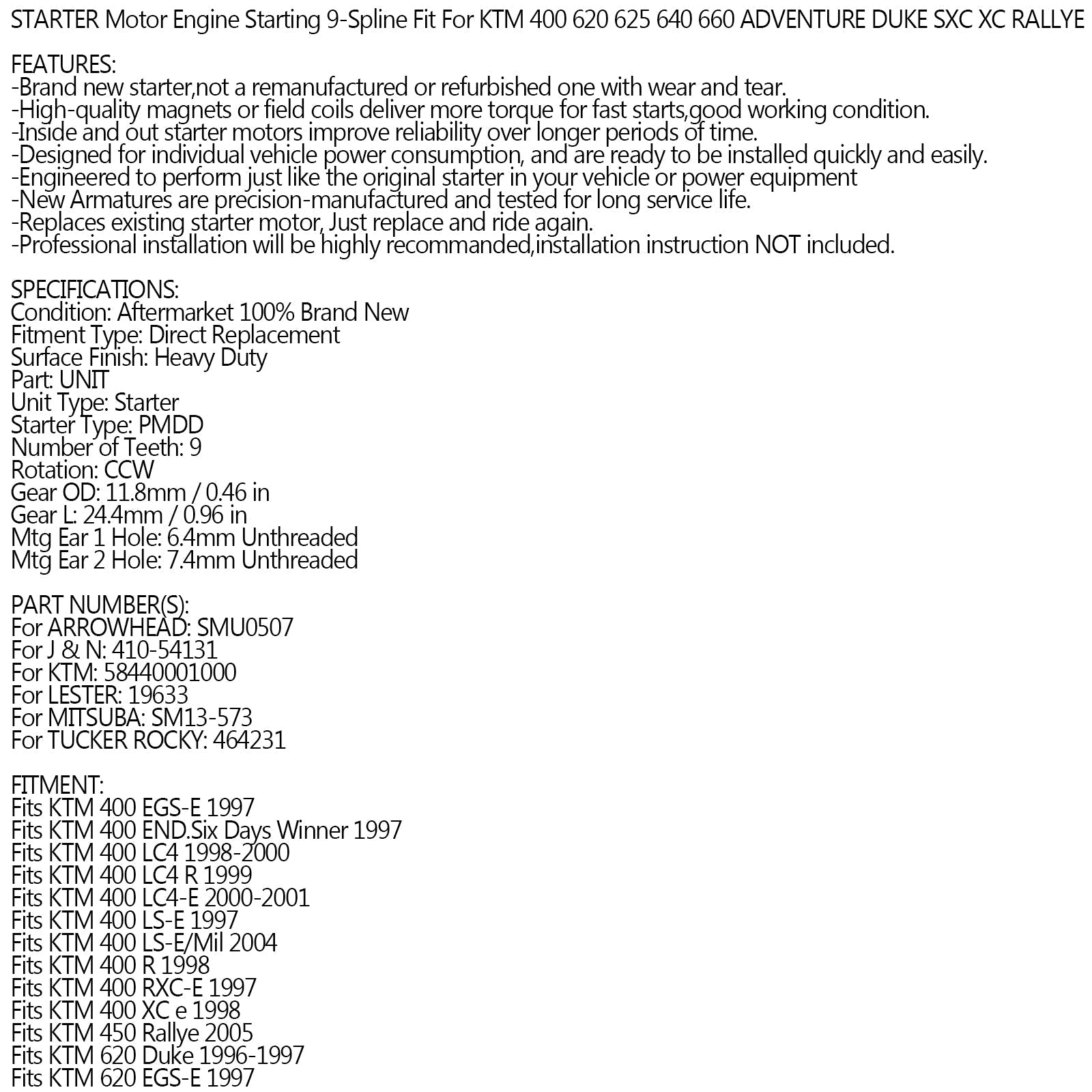UUSI käynnistysmoottori KTM 400 LC4 620 625 SMC 640 LC4 Enduro 660 ADV DUKE 58440001000 Generic