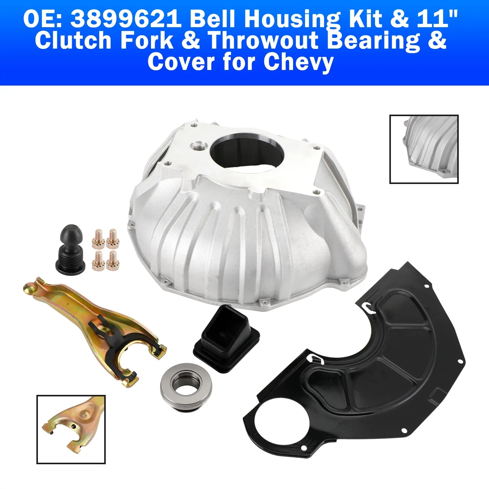 3899621 1959-1988 Chevy Impala, Caprice, Bel Air, Biscayne, Brookwood, Kingswood, Nomad, Sedan Delivery* Kit de carcasa de horquilla y campana de embrague de 11" y cubierta y cojinete de desecho Fedex Express