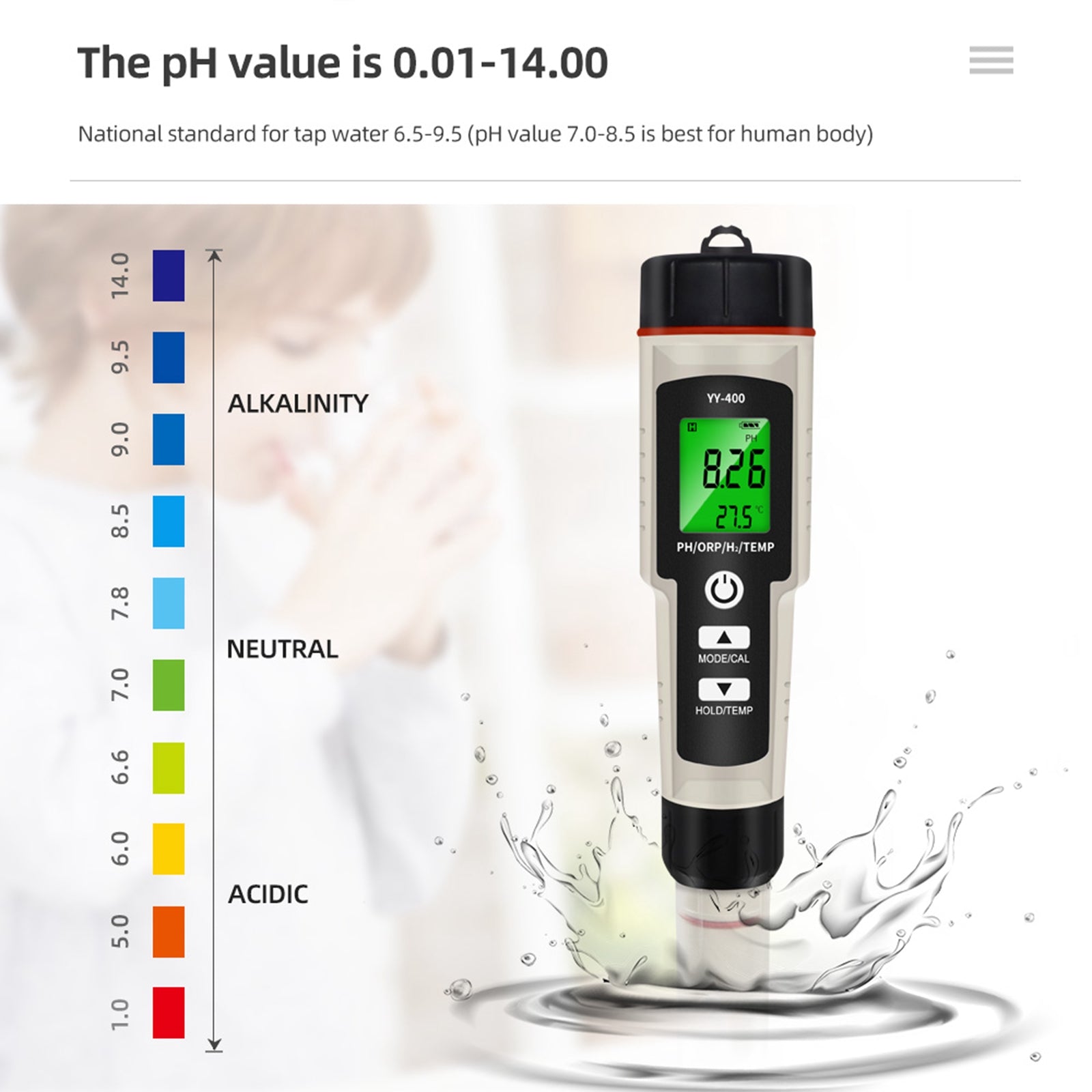 Stylo de test portable 4 en 1 riche en hydrogène PH / ORP / TEMP Testeur de qualité de l'eau
