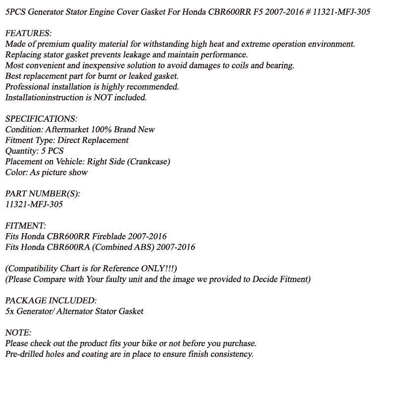 5 stks MOTOR CARTER STATOR PAKKING voor Honda CBR600RR CBR600RA 2006-2017 11321-MFJ-305 Generieke