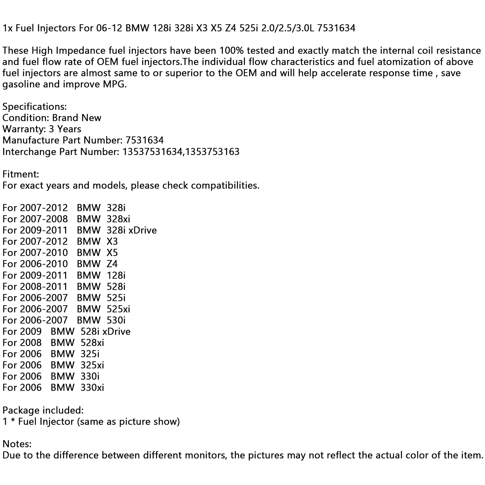 1x Wtryskiwacze paliwa dla 06-12 BMW 128i 328i X3 X5 Z4 525i 2.0/2.5/3.0L 7531634 Generic