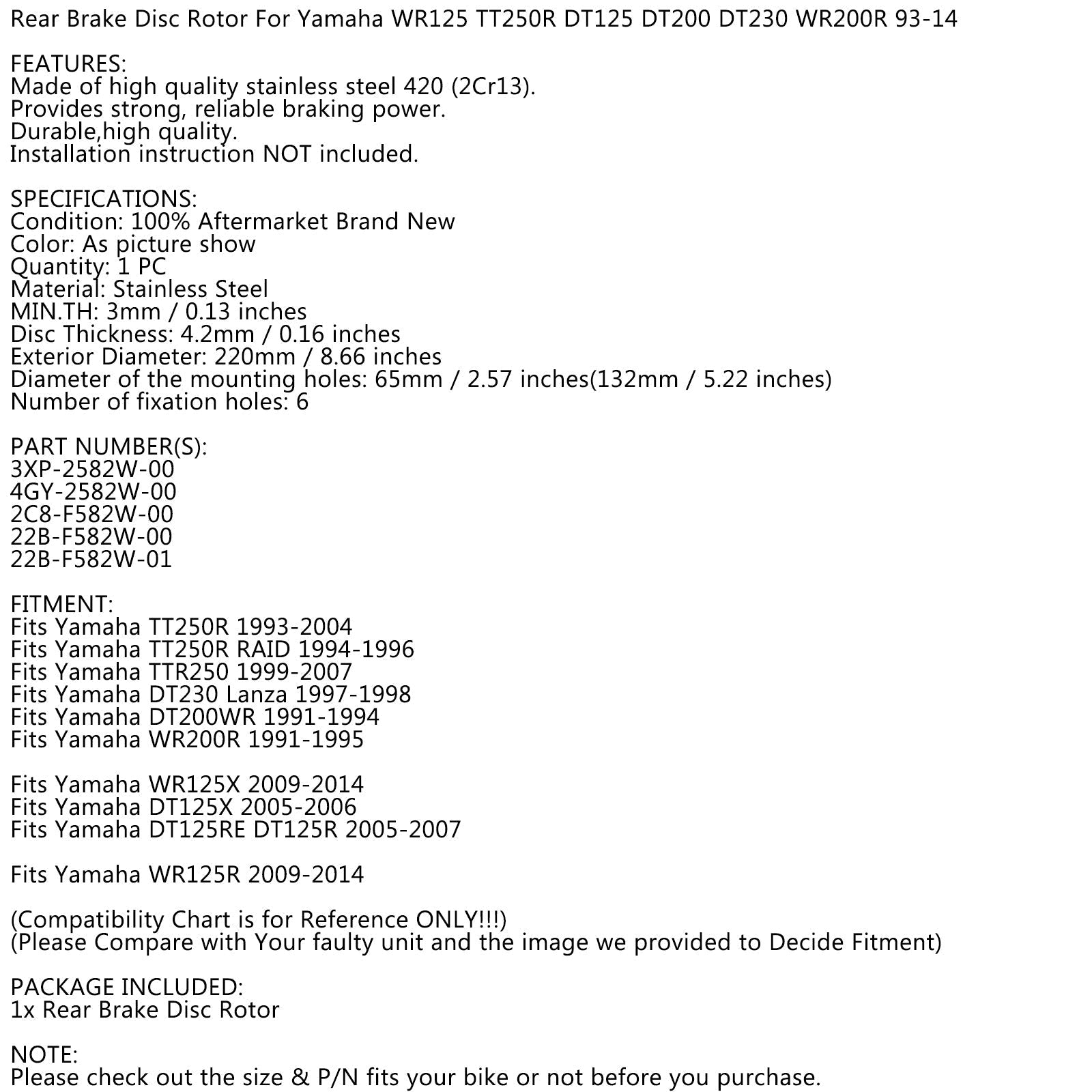 Disco de freno trasero de motocicleta para Yamaha DT 125 R RE RH WR TDR 125 TT250R TTR250 1993-2014
