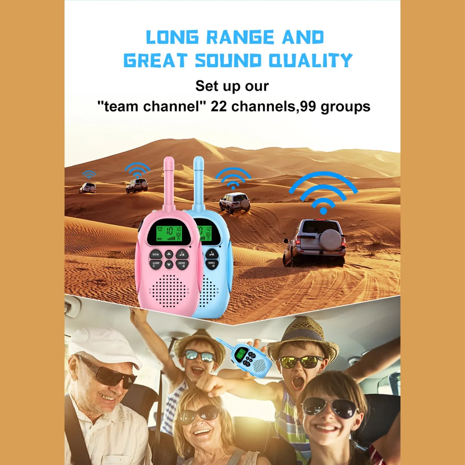 Pack de 2 Talkies-walkies Enfants - Portée 3 km - 22 Canaux - Lampe de Poche - Rechargeable