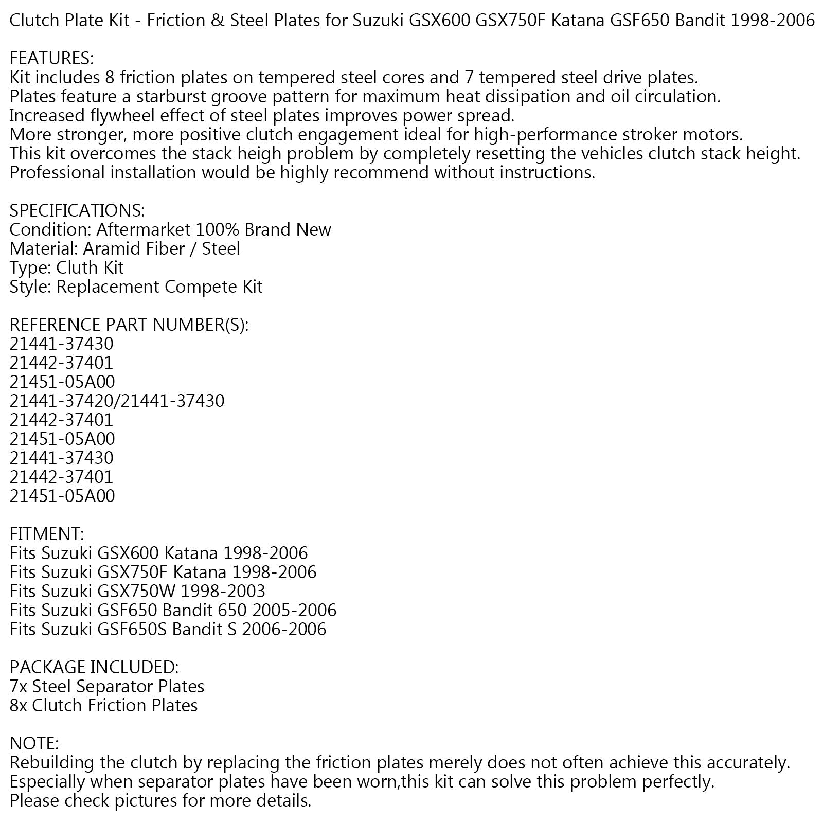 Kit de embrague de acero y discos de fricción para Suzuki GSX 600 750 F GSF650 Bandit 98-06 Genérico