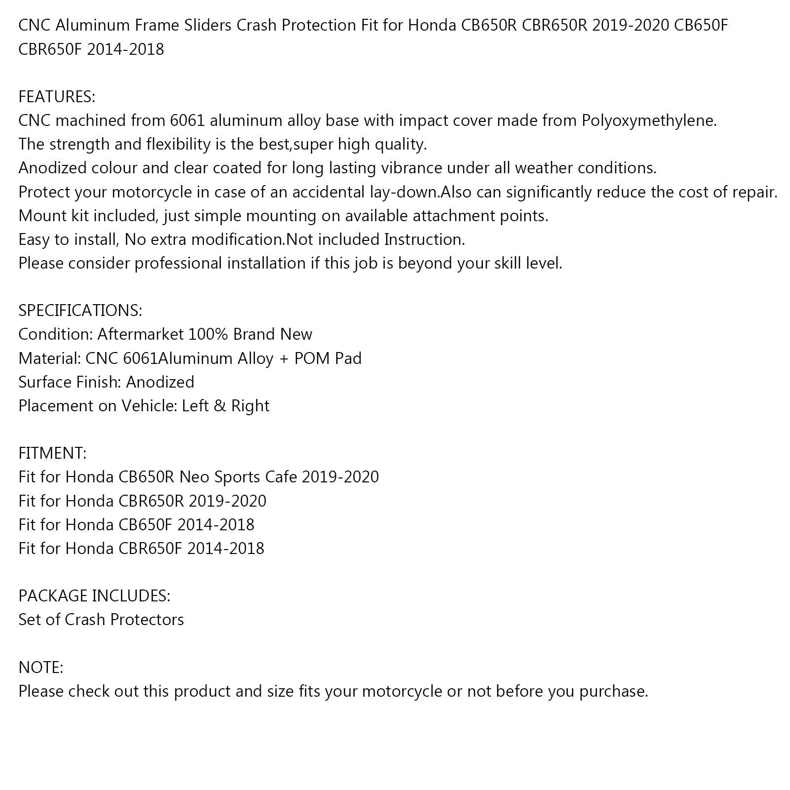 Areyourshop CNC Noir Cadre Slider Anti Crash Pad Fit pour Honda CB CBR 650R 19-20 650F 14-18 Generic