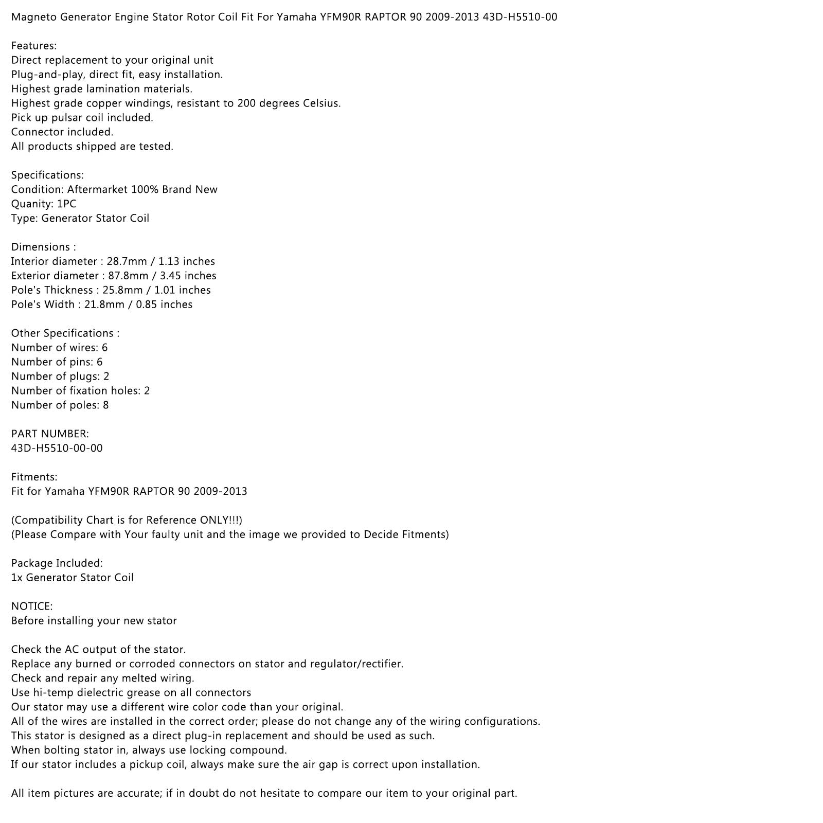 Areyourshop Magneto Generator Staattori sopii Yamaha YFM90R Raptor 90 ATV 09-13 43D-H5510-00