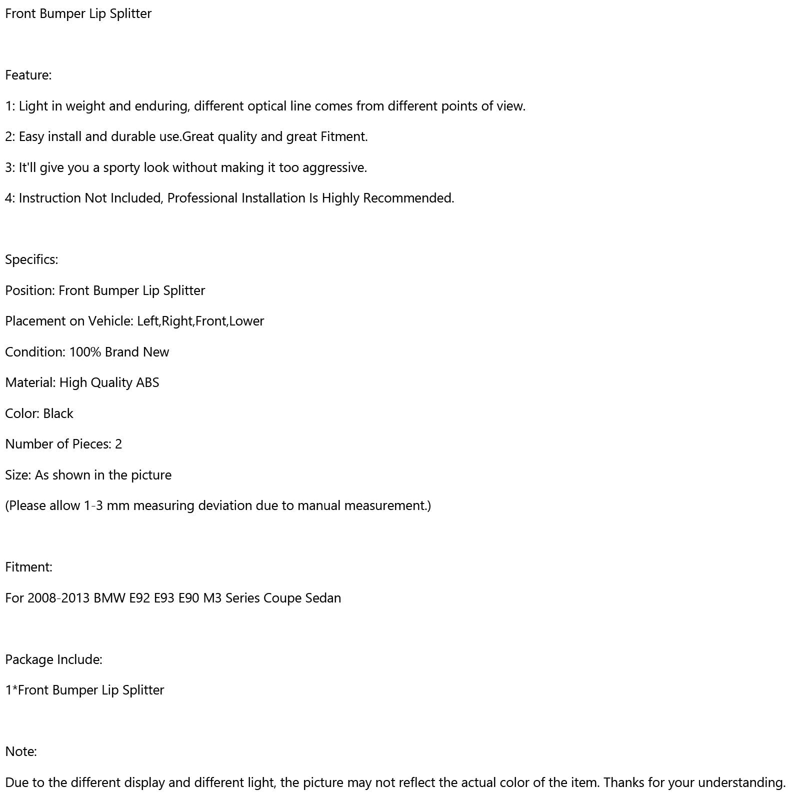 Séparateur de lèvre de pare-chocs avant pour BMW E90 E92 M3 Competition Performance 08-13 générique