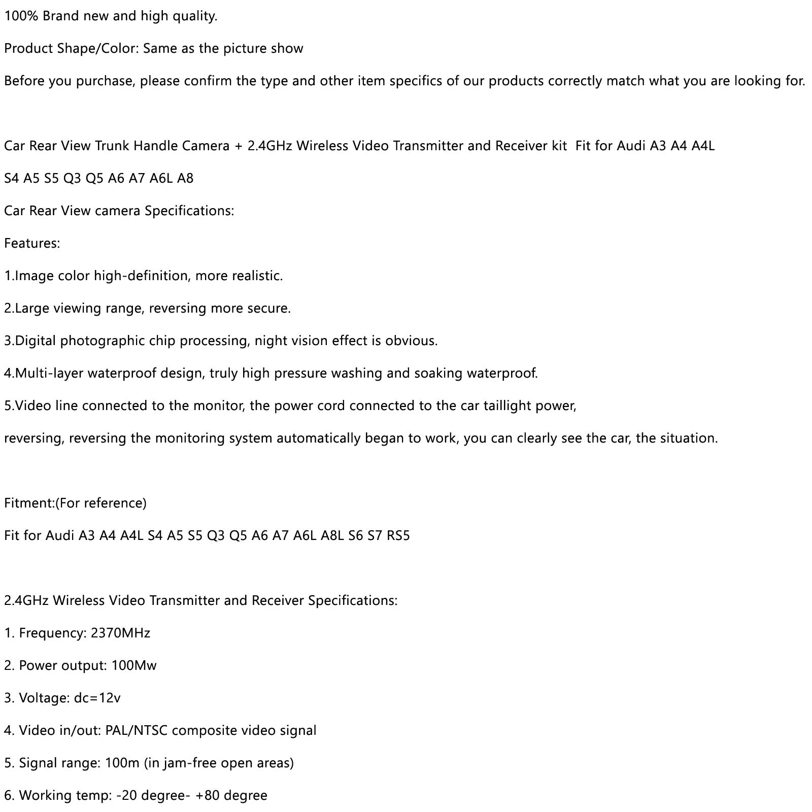 Bezprzewodowa kamera z tyłu samochodu pasuje do A3 A4 A4L S4 A5 S5 Q3 Q5 A6 A7 A8