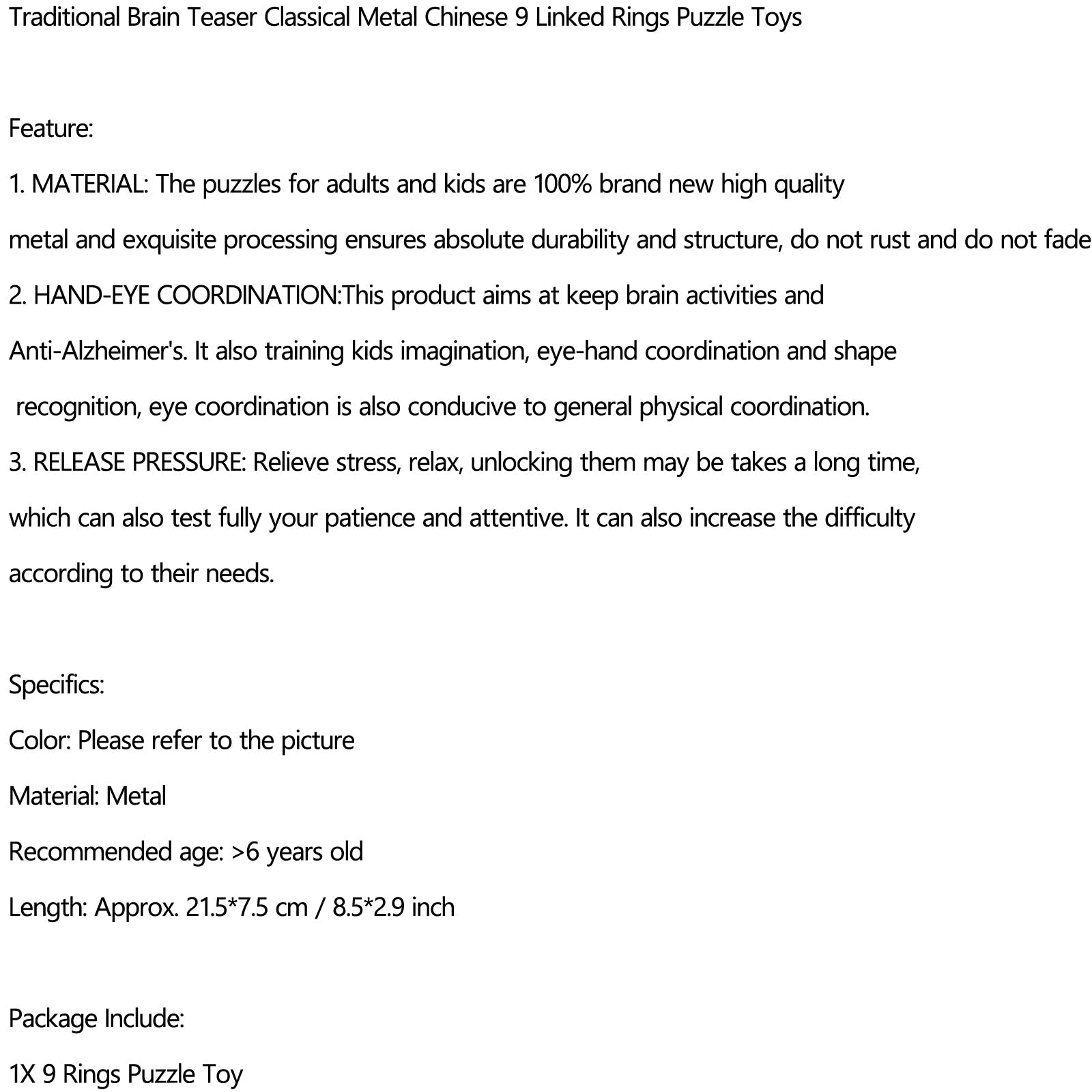 Rompecabezas de metal tradicional, rompecabezas clásico chino de 9 anillos vinculados, juguetes