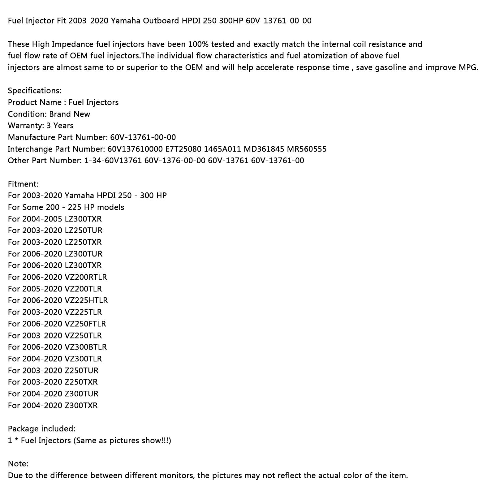 1 pièces injecteur de carburant adapté 2003-2020 Yamaha hors-bord HPDI 250 300HP 60V-13761-00-00 générique