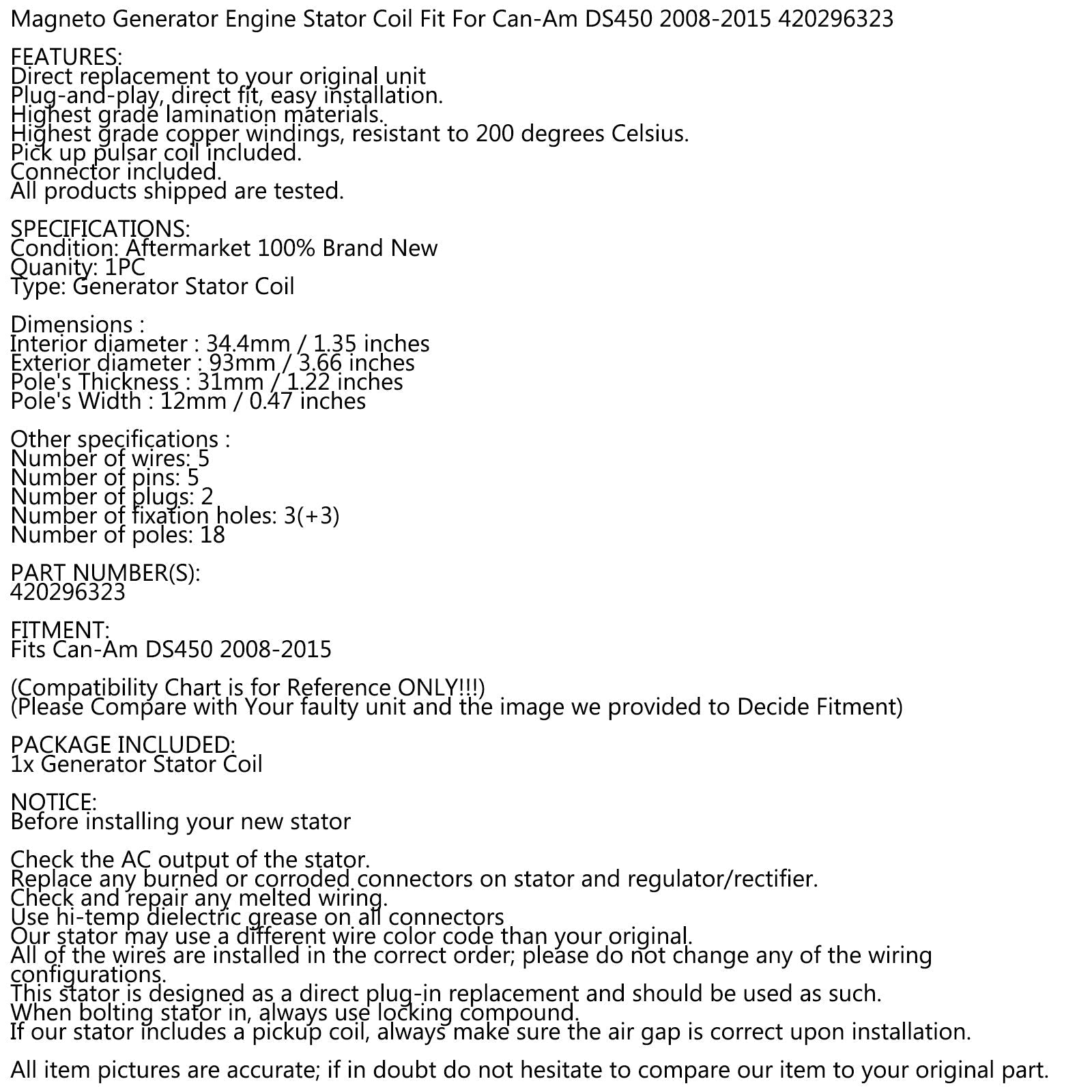 Laturi Magneto Staattori Can-Am DS450 2008-2015 2014 2013 2012 2011 10 09 yleinen