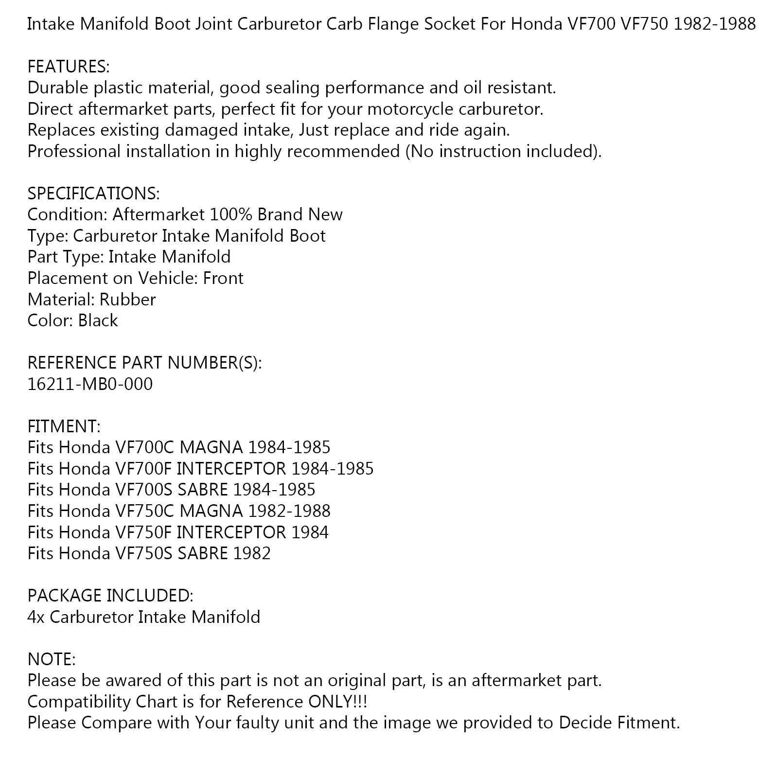 Cuffie carburatore collettore di aspirazione per Honda VF700 750 FCS V45 16211-MB0-000 Generico