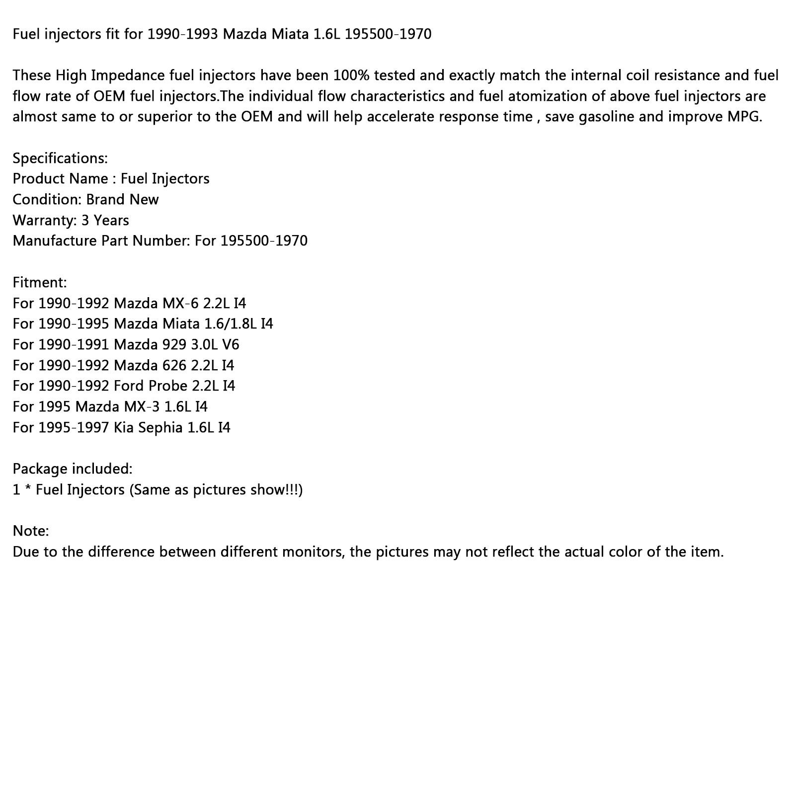 1 inyectores de combustible para Mazda Miata 1990-1993 1.6L 195500-1970 genérico.