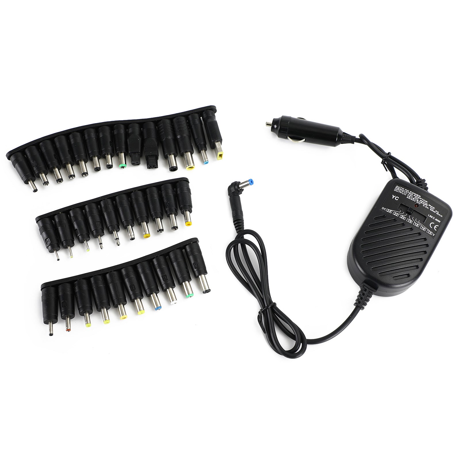 Fuente de alimentación para ordenador portátil Univ para coche, 12V, 80W, con 34 puntas universales, 12V, 80W