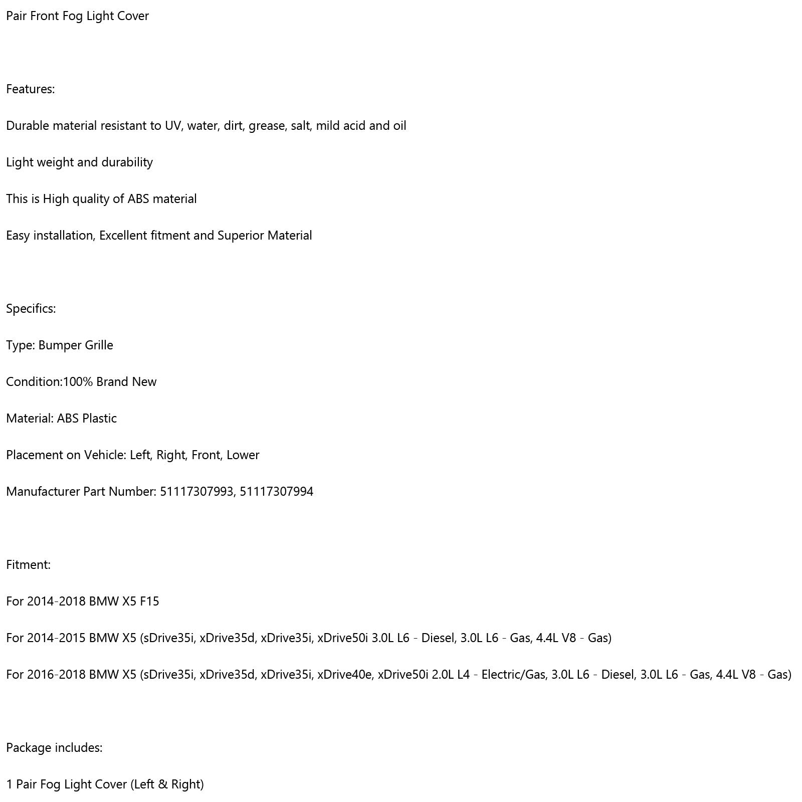 Lewy i prawy przedni zderzak Dolna kratka grilla dla BMW X5 F15 2014-2018 Generic