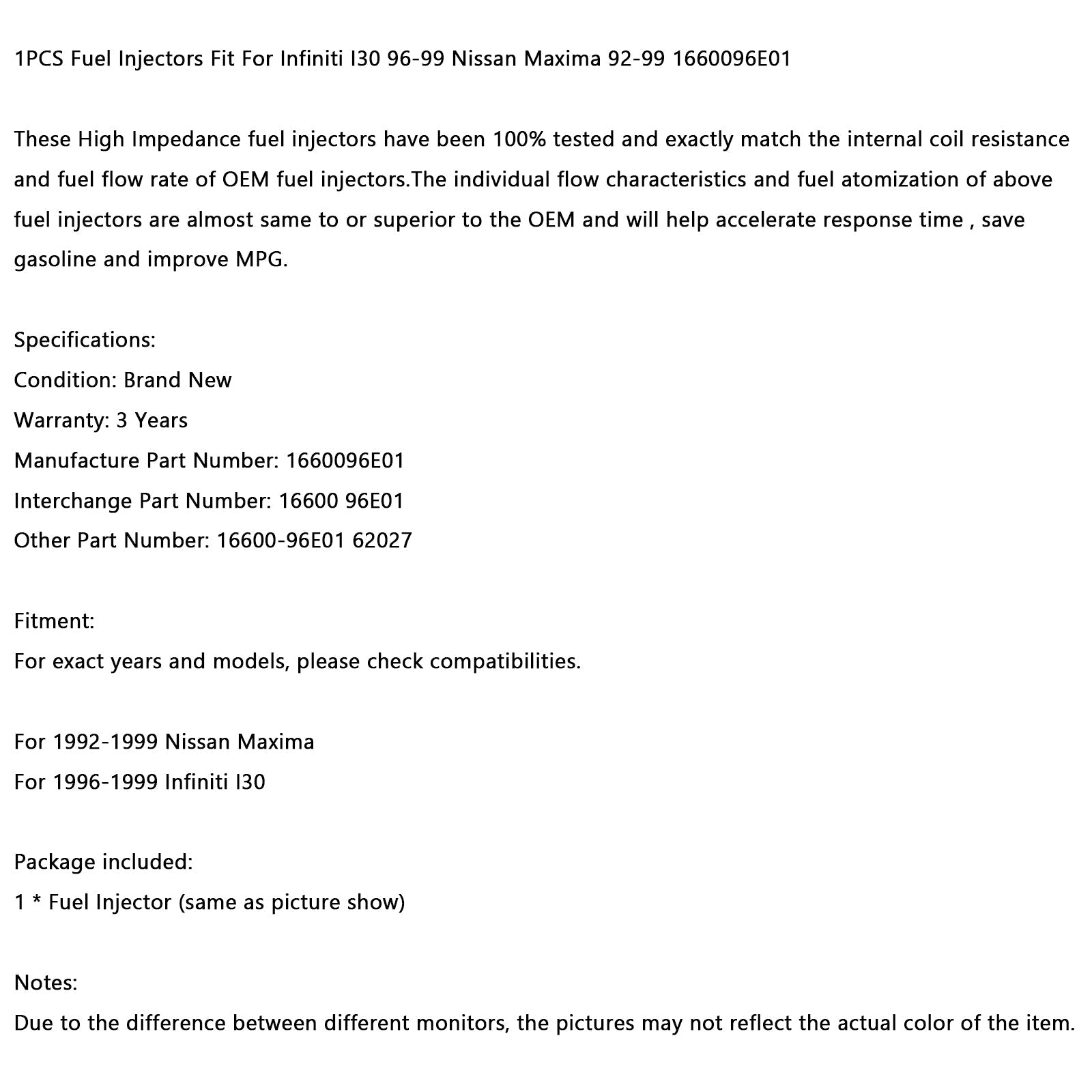 1 szt. Wtryskiwacz paliwa pasuje do Infiniti I30 96-99 Nissan Maxima 92-99 1660096E01 Generic