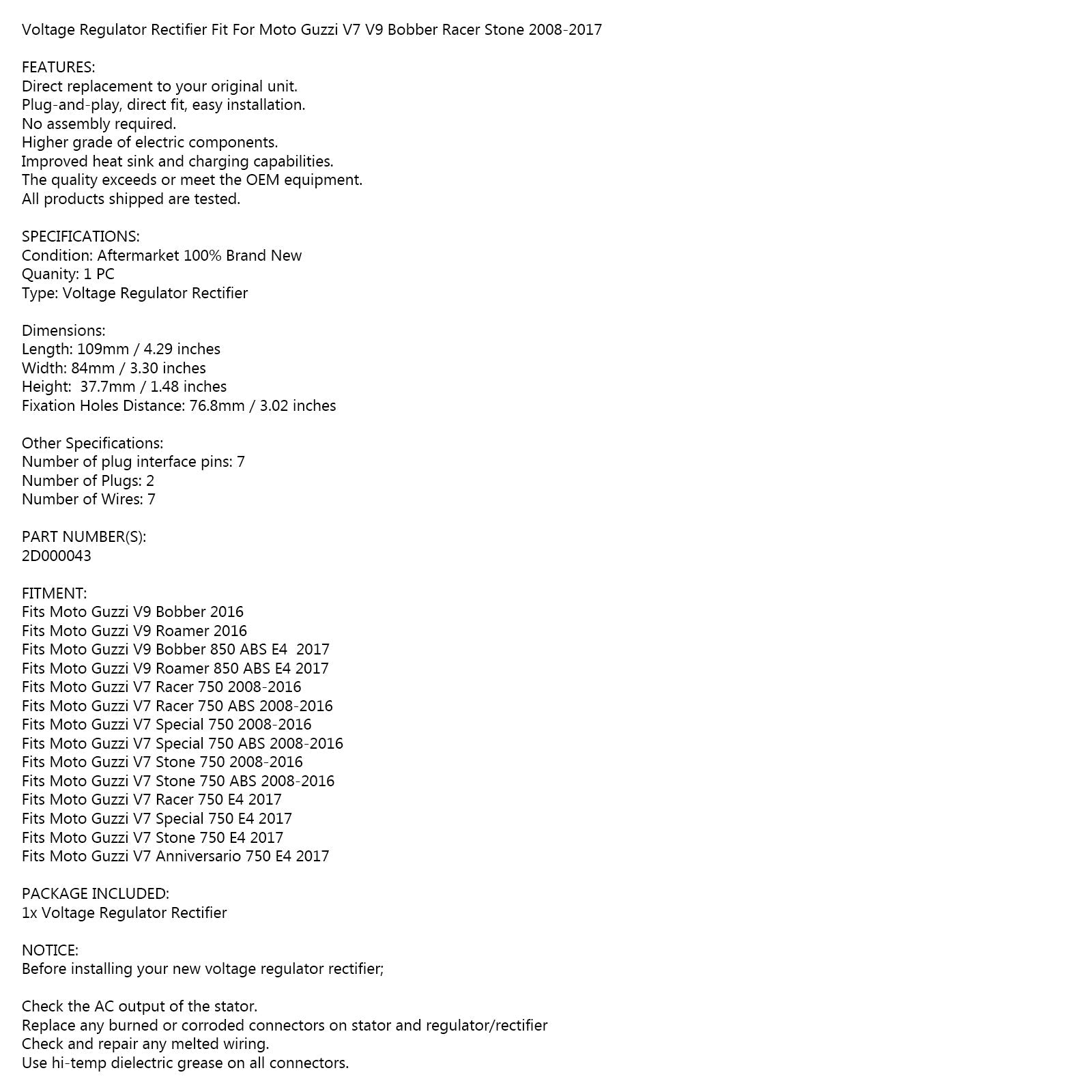 Gelijkrichter spanningsregelaar voor Moto Guzzi V7 Racer Special Stone 750 2D000043 Generiek