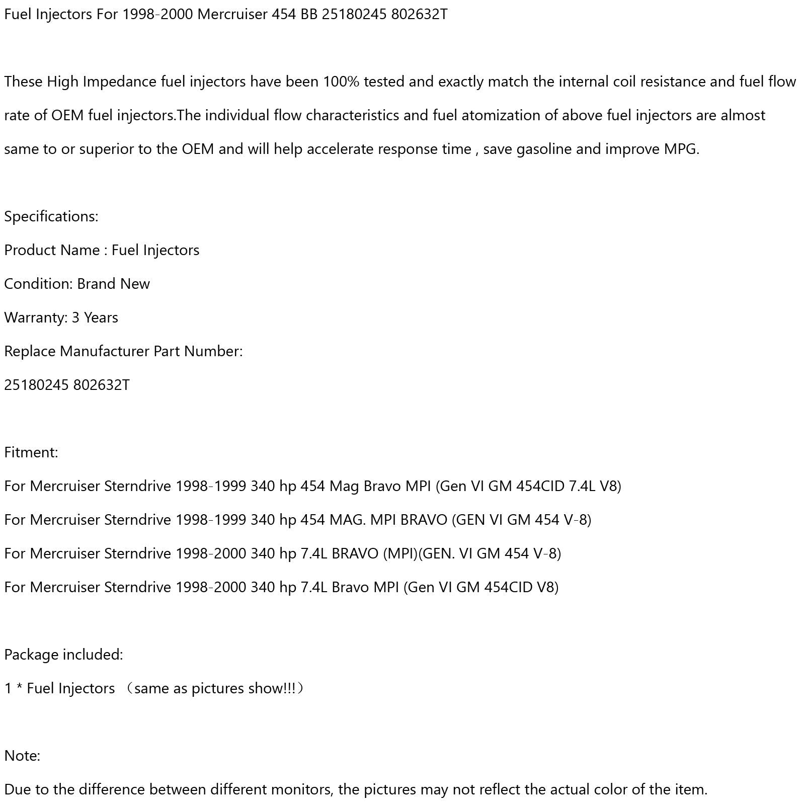 1 stks Brandstof Injectoren Fit 1998-2000 Mercruiser 454 BB 25180245 802632 T Generieke
