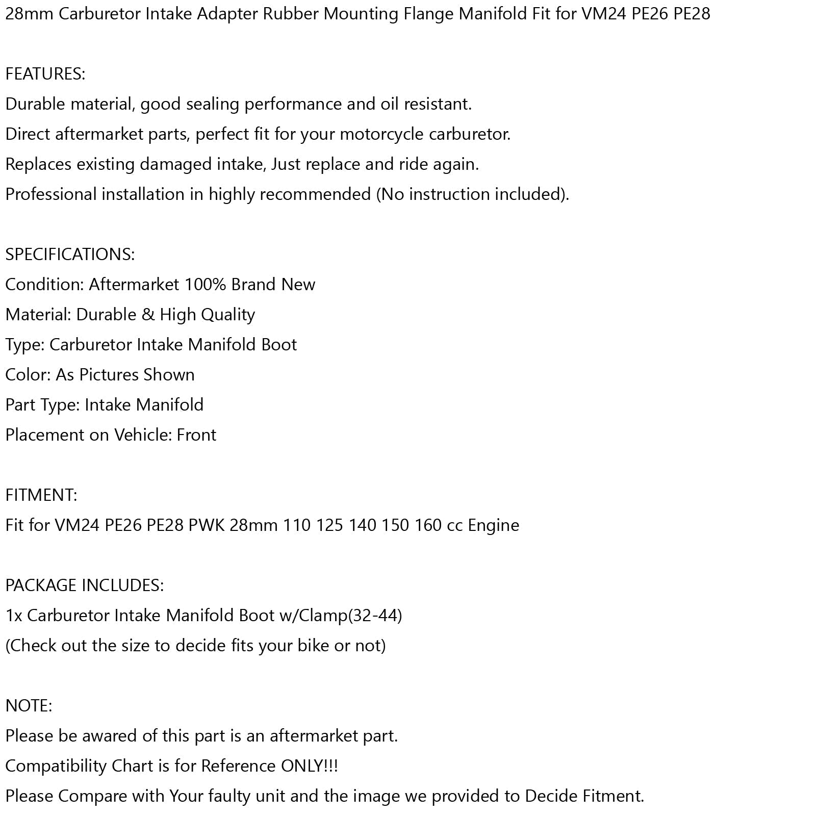28mm Inlaat Carburateur Boot Flens Spruitstuk Plug voor Generieke 110 125 140 150 160 cc Motor