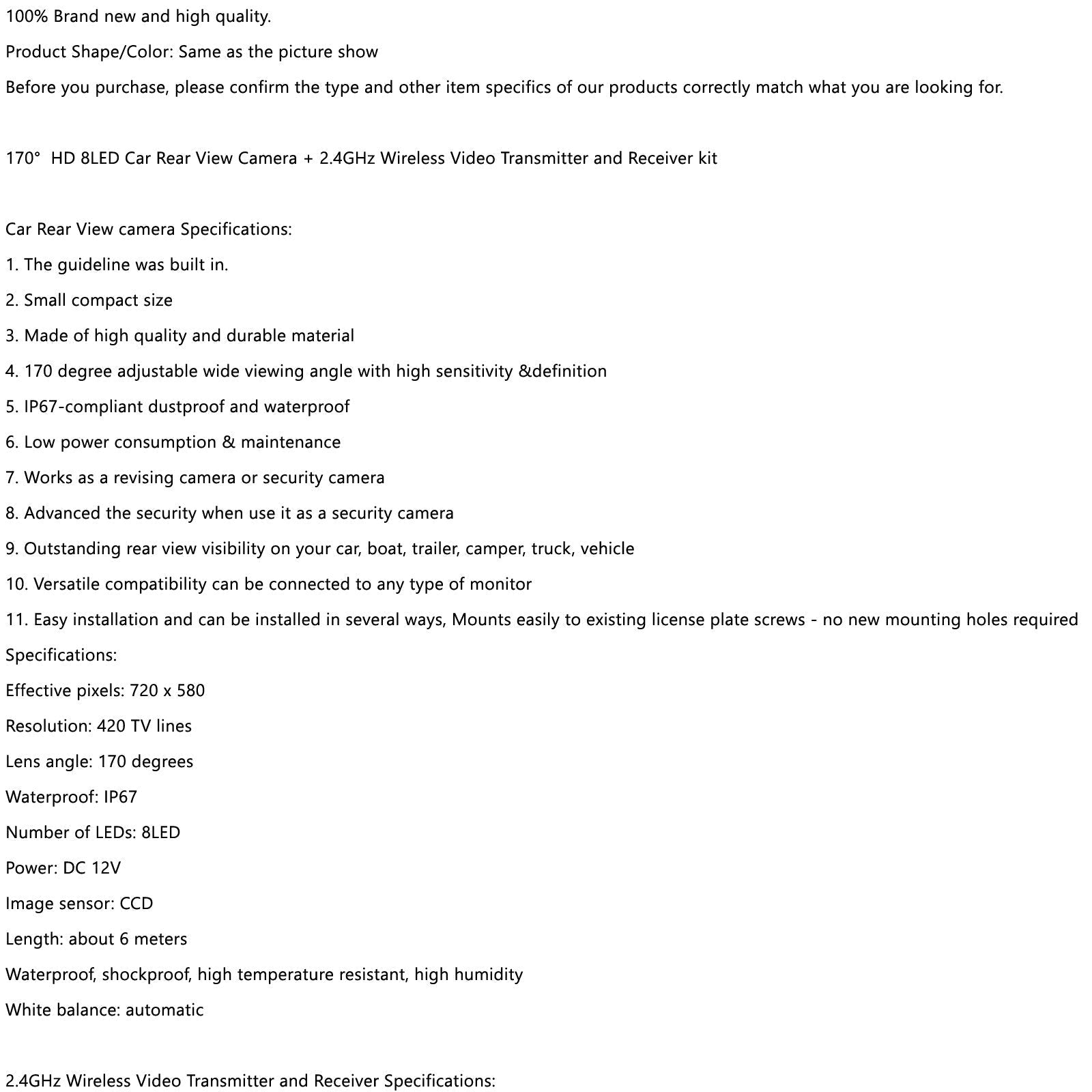 Vue arrière de voiture sans fil caméra de recul de recul étanche vue nocturne CMOS