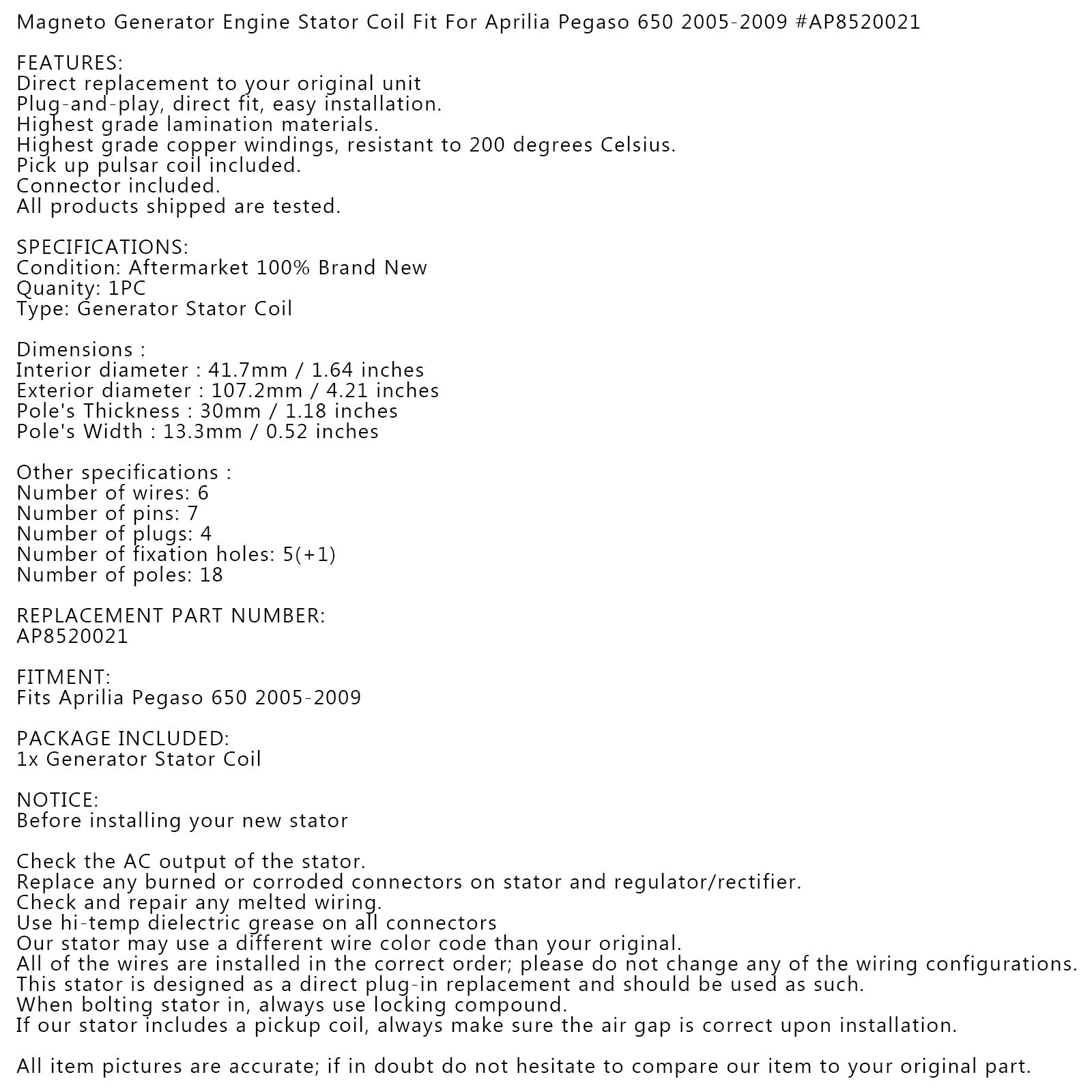 Magneto stojan alternatora dla Aprilia Pegaso 650 Strada / Trail 05-09 #AP8520021 Generic