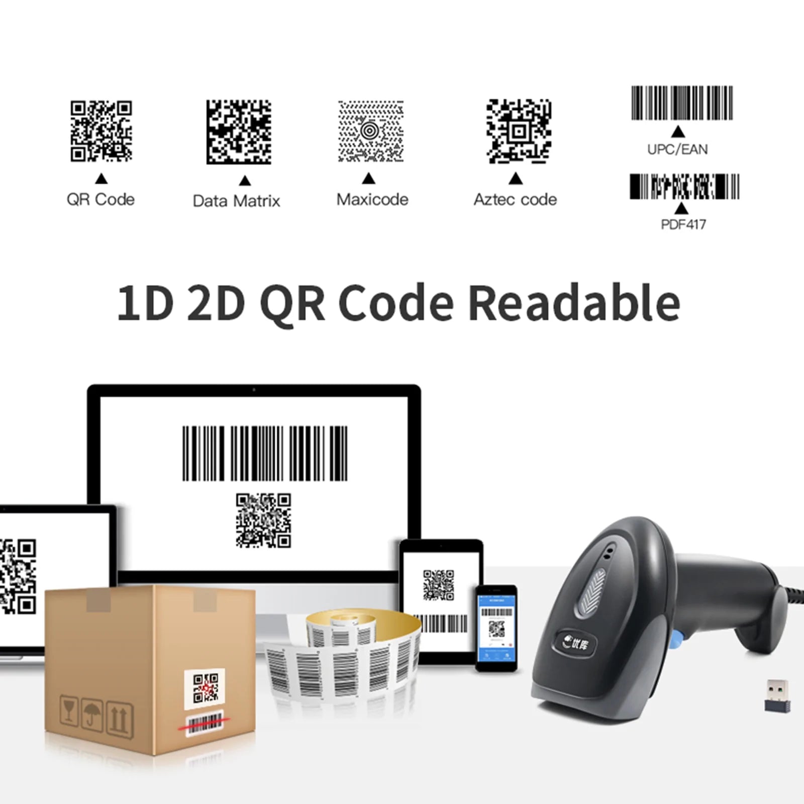 WM930 USB Bezprzewodowy skaner laserowy 2D + 1D Czytnik kodów kreskowych Ręczny pistolet ze stojakiem