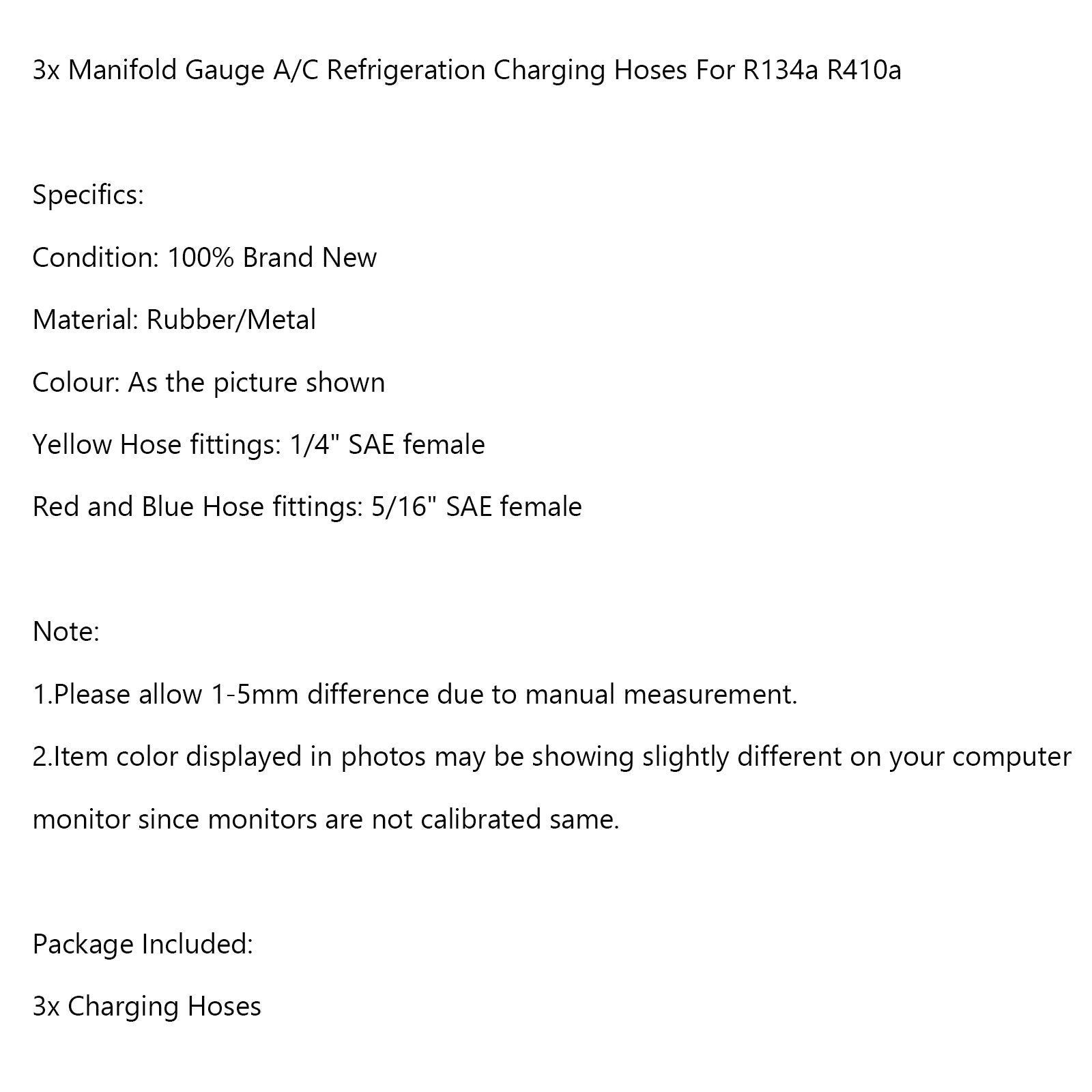 3x tuyaux de charge de réfrigération A/C de jauge de collecteur pour R134a R410a